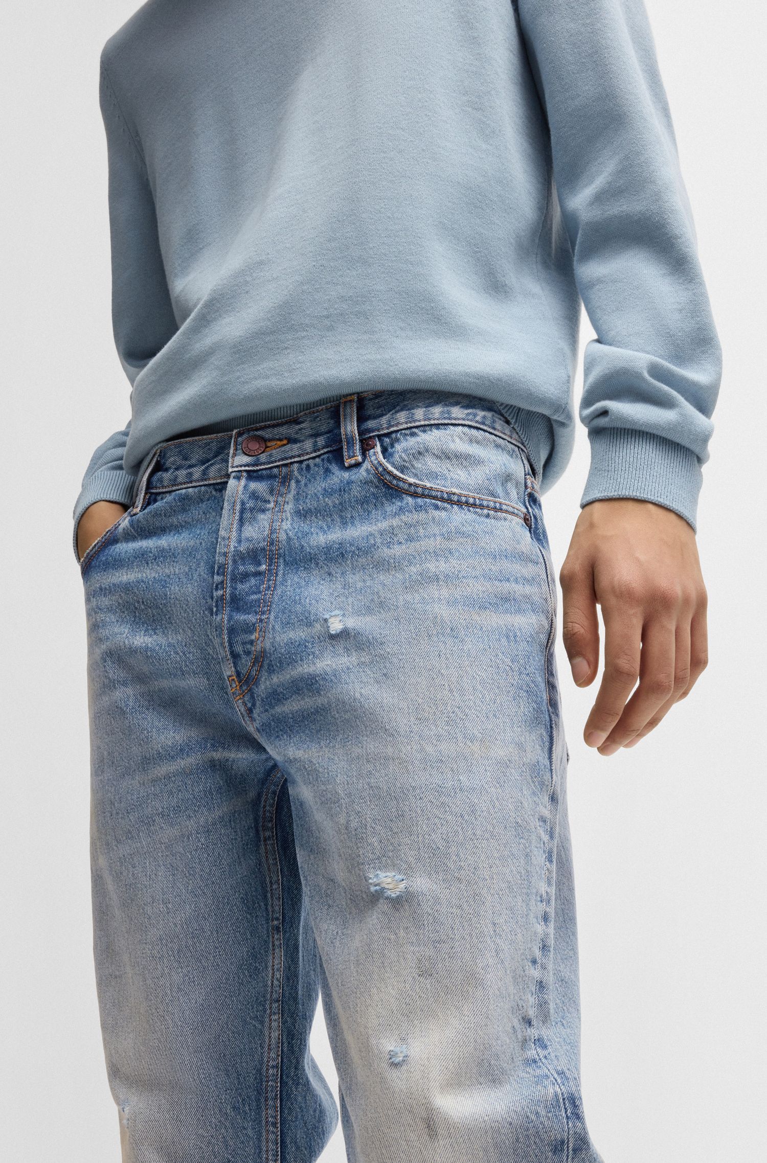 HUGO - Quần jeans dáng tapered fit vải denim xanh cứng