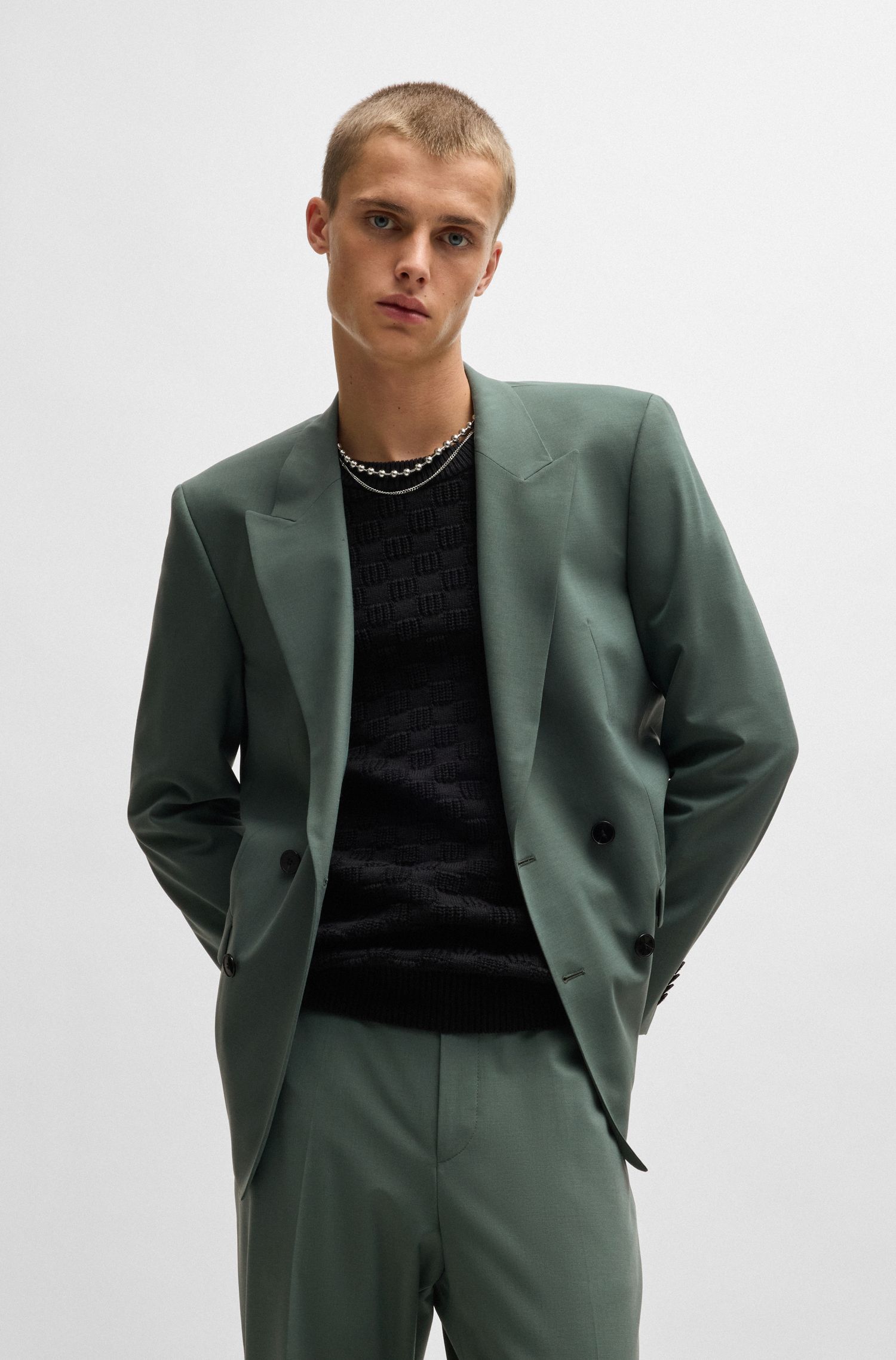 HUGO - Áo vest dáng slim-fit vải len poplin co giãn