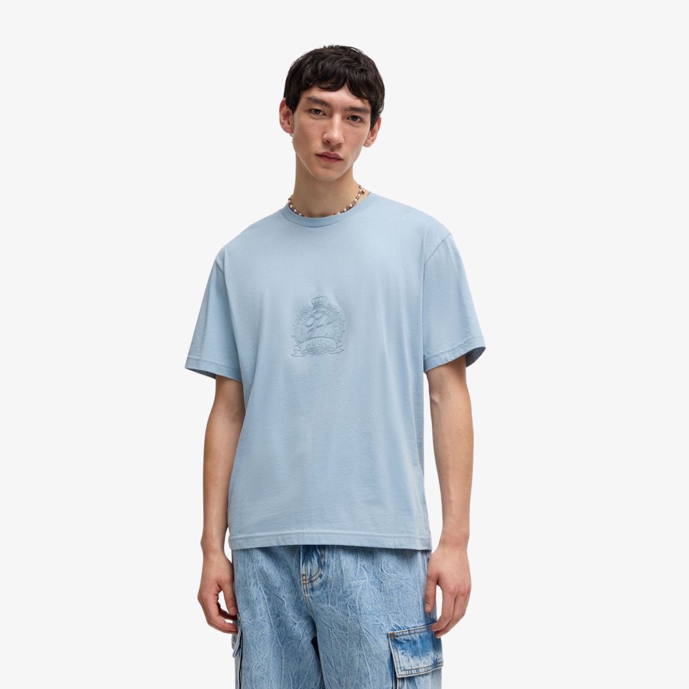 HUGO - Áo thun vải cotton có họa tiết logo