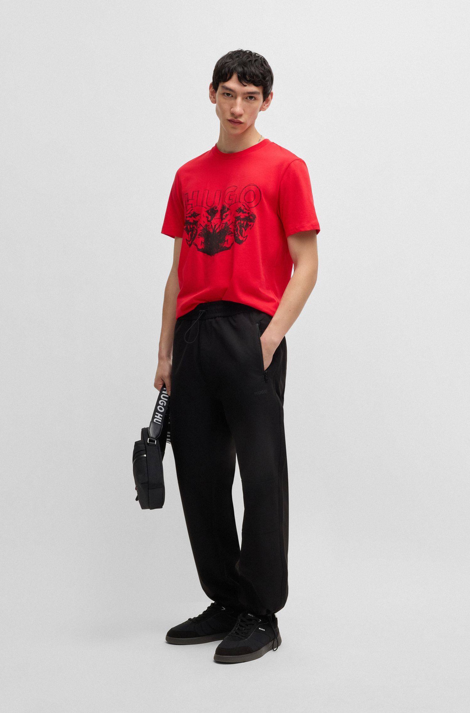 HUGO - Áo thun vải cotton jersey in logo và hình thú
