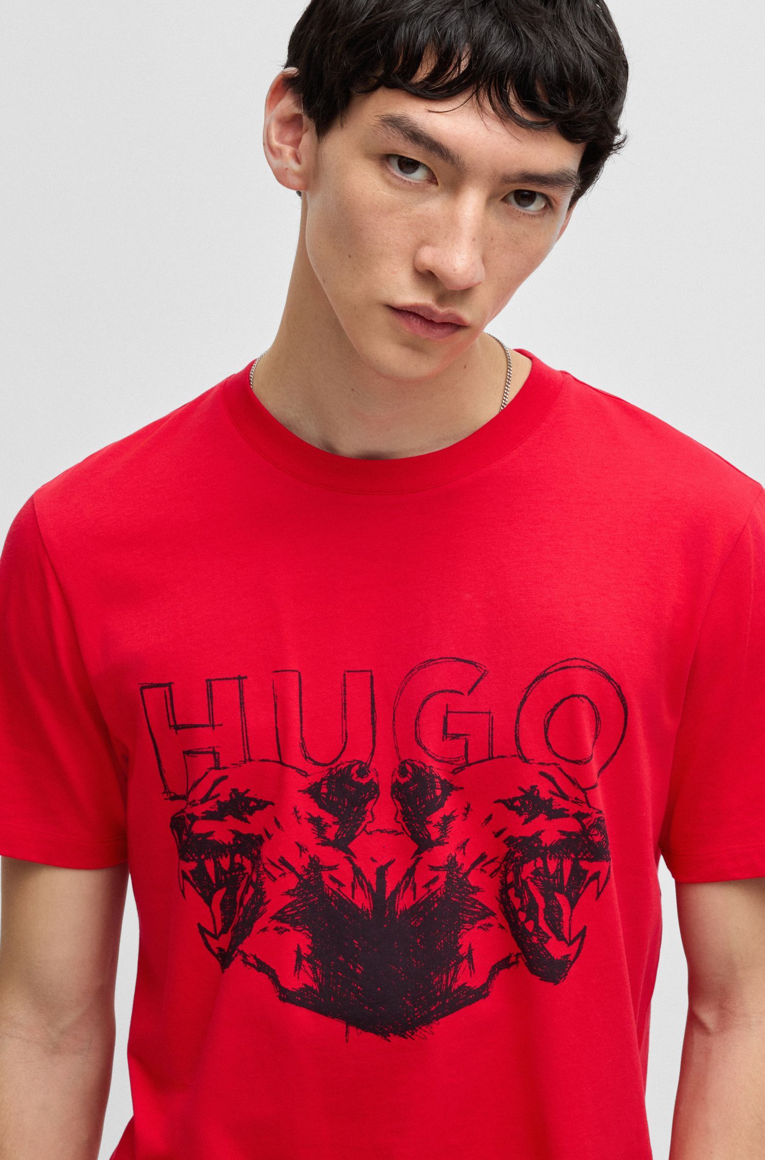 HUGO - Áo thun vải cotton jersey in logo và hình thú
