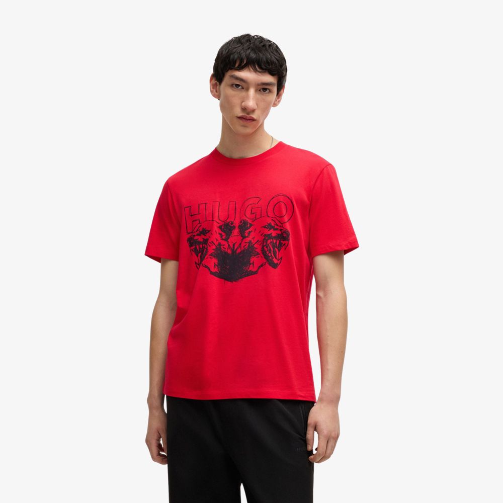 HUGO - Áo thun vải cotton jersey in logo và hình thú