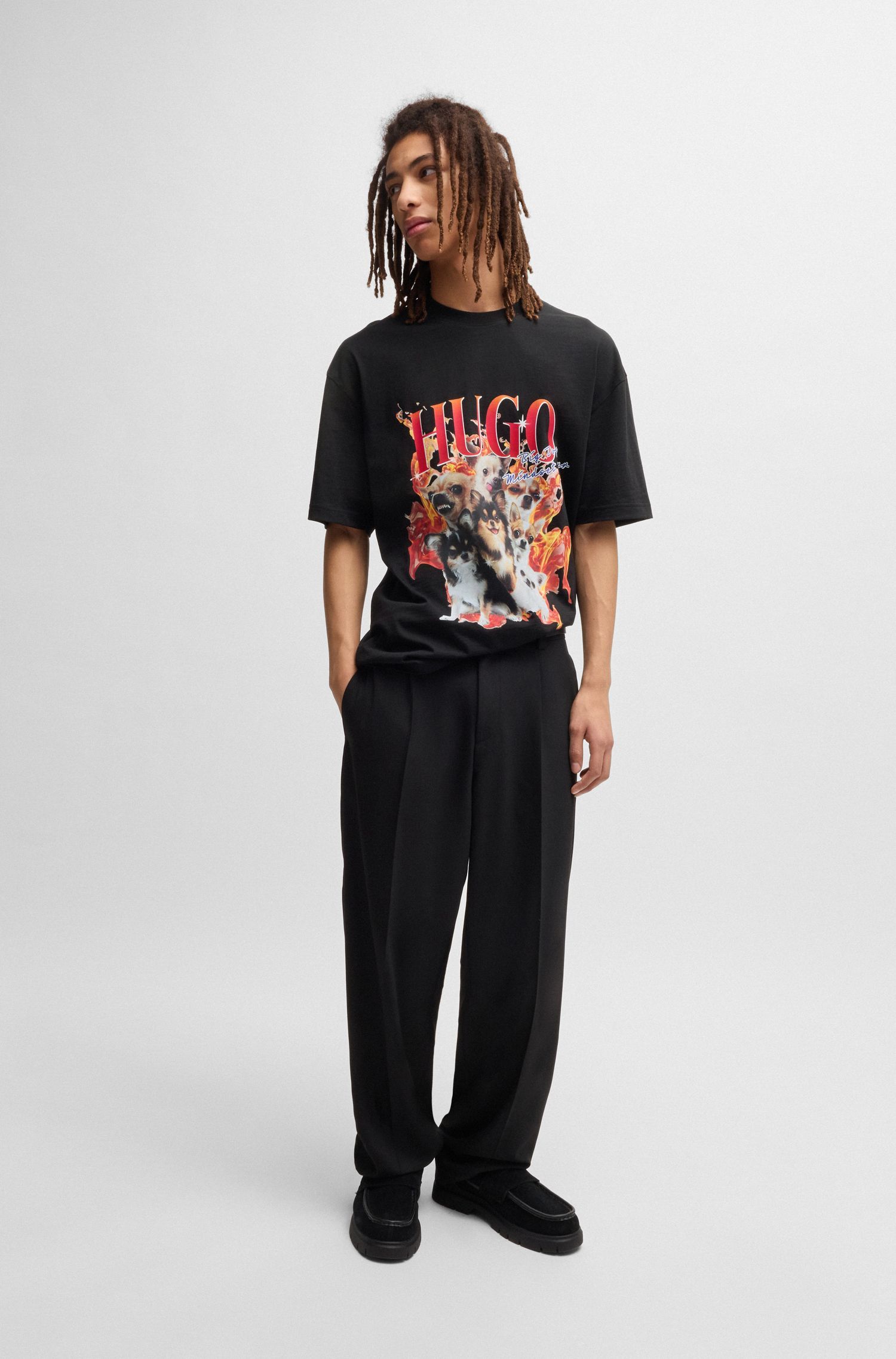 HUGO - Áo thun oversized vải cotton in hình
