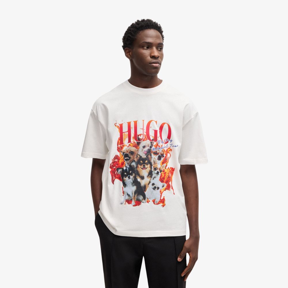 HUGO - Áo thun oversized vải cotton in hình