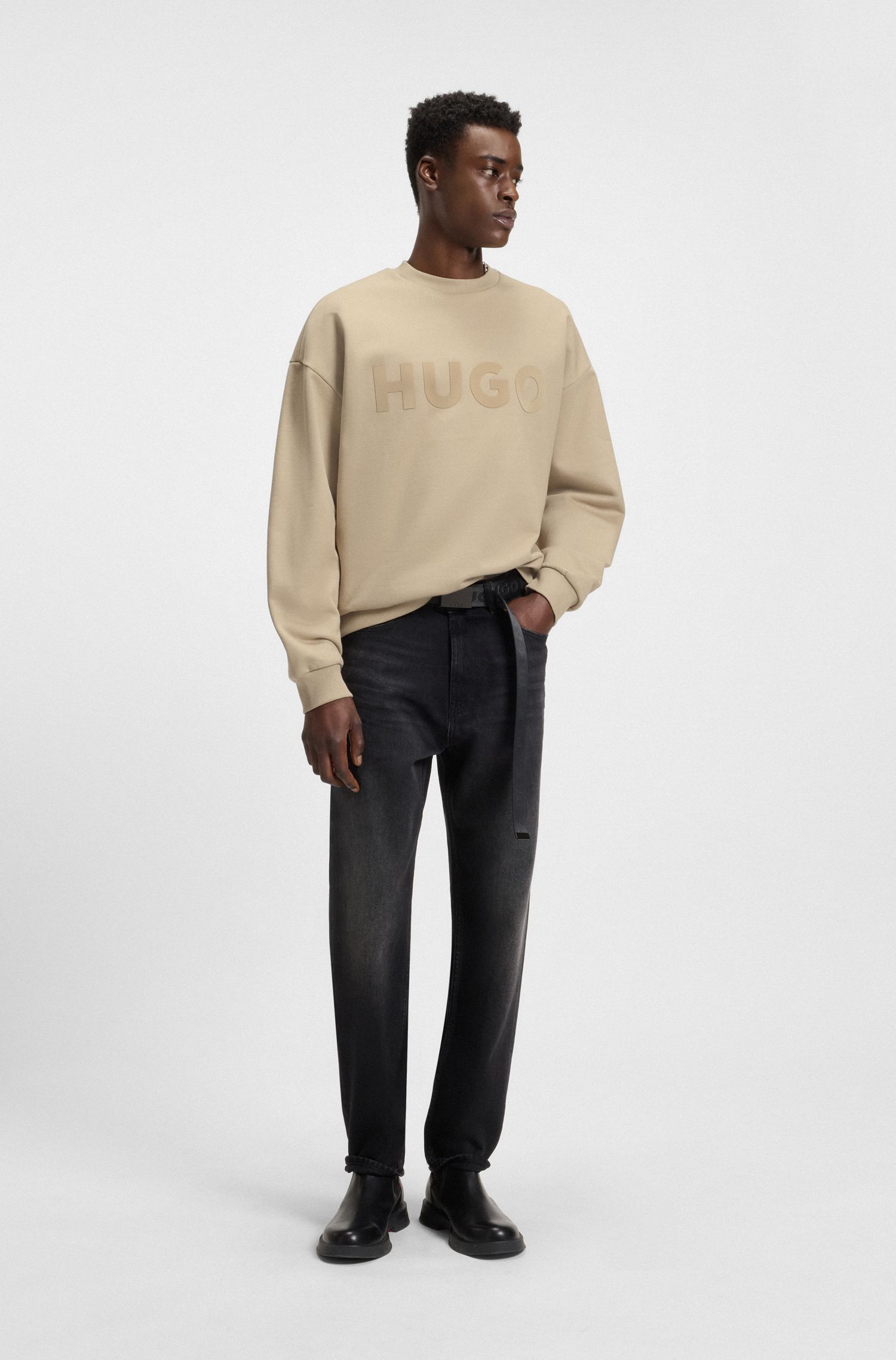 HUGO - Áo sweatshirt dáng oversized vải terry cotton in logo
