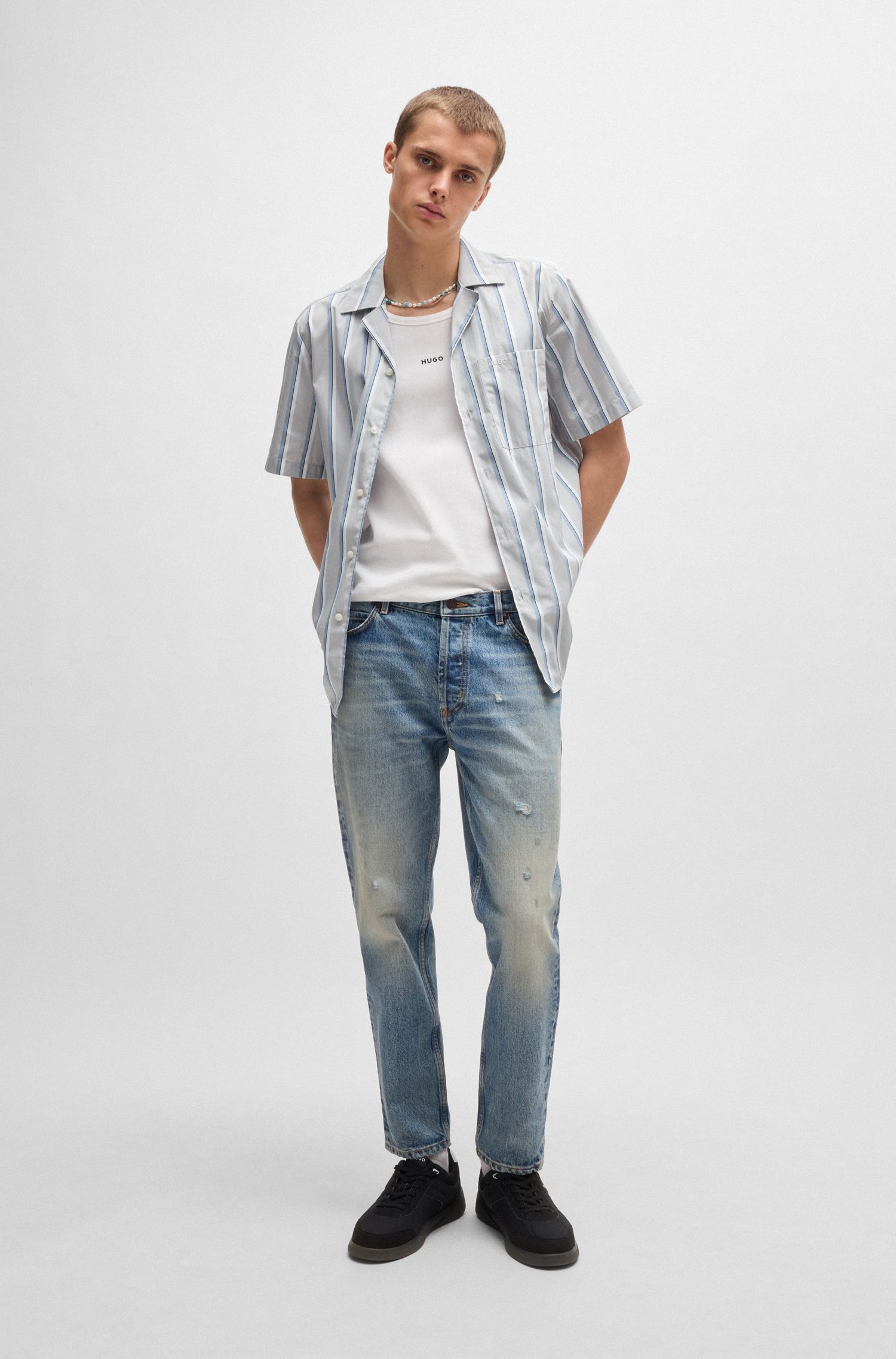 HUGO - Áo sơ mi dáng relaxed vải poplin cotton sọc