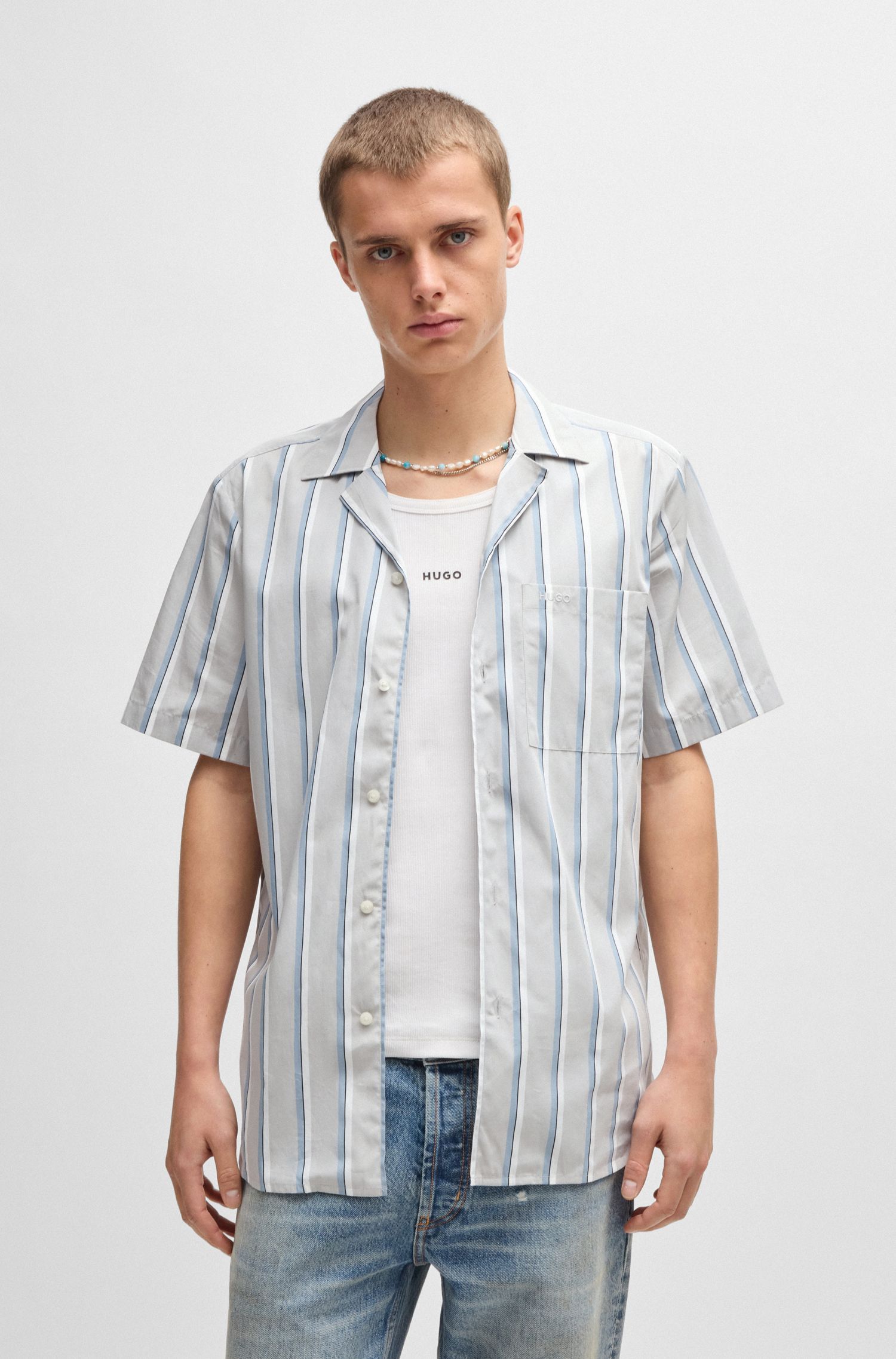 HUGO - Áo sơ mi dáng relaxed vải poplin cotton sọc