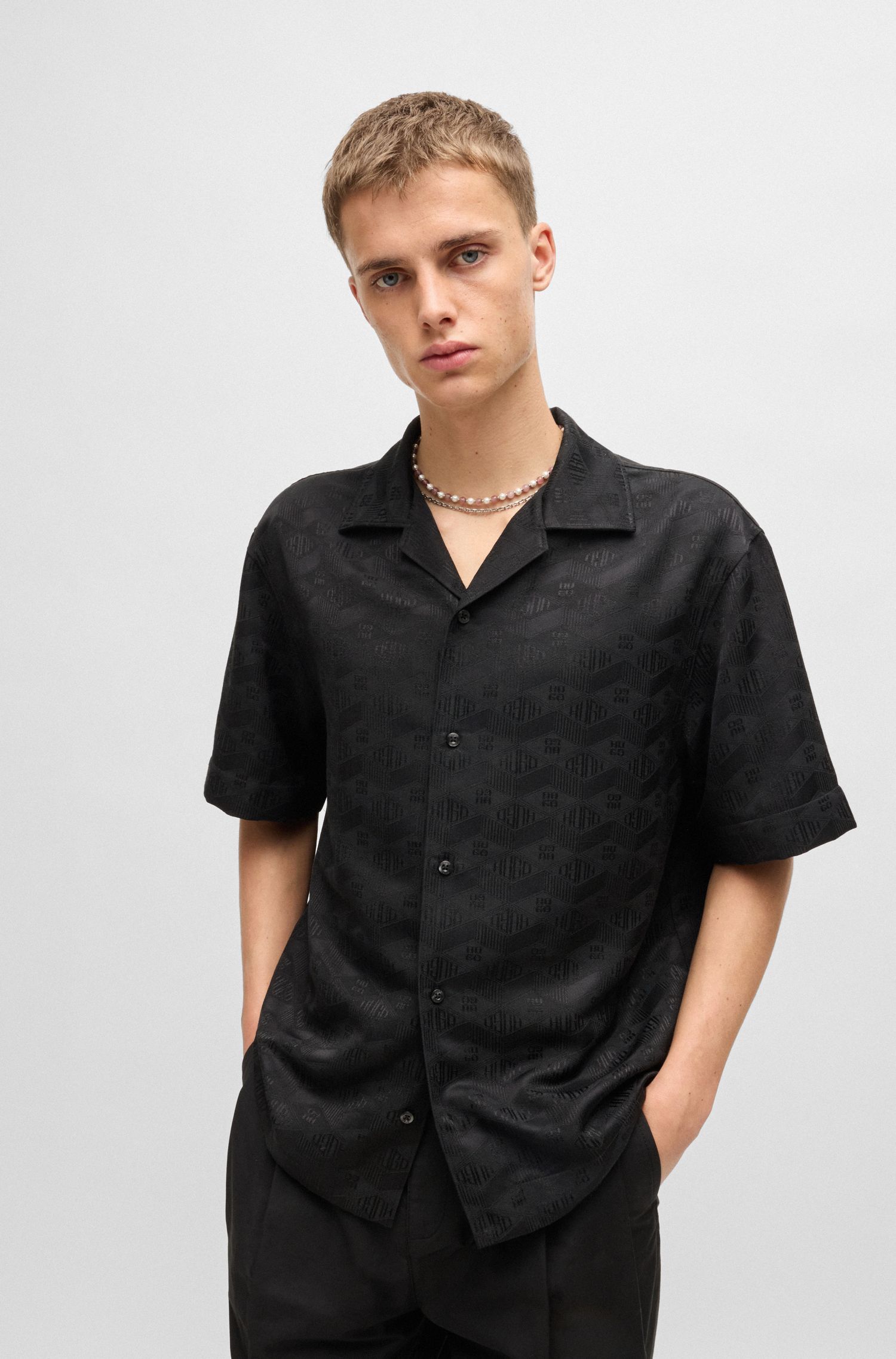 HUGO - Áo sơ mi oversized vải jacquard logo hình học
