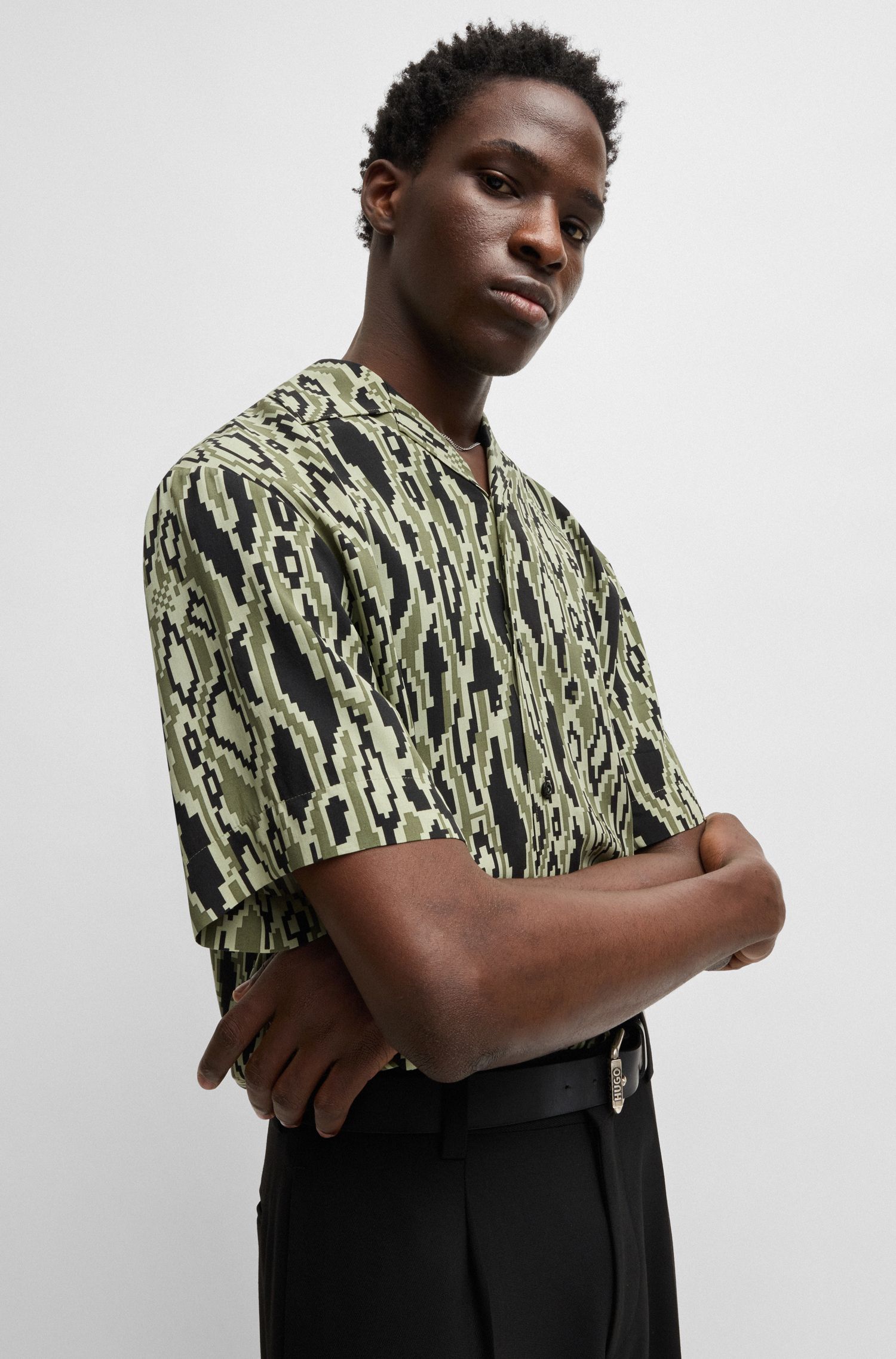 HUGO - Áo sơ mi oversized vải poplin in họa tiết rắn