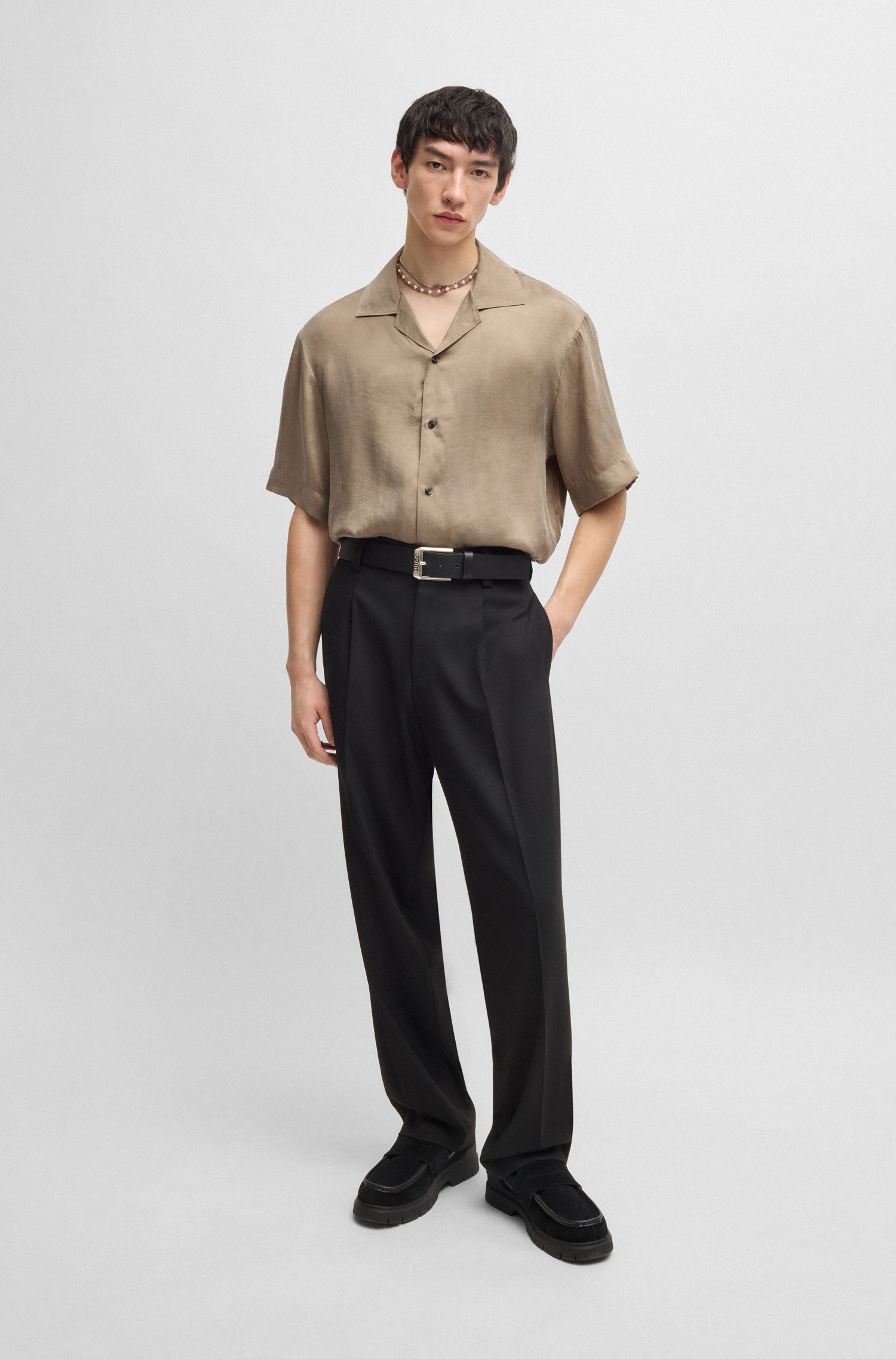 HUGO - Áo sơ mi dáng loose fit vải twill bóng mượt
