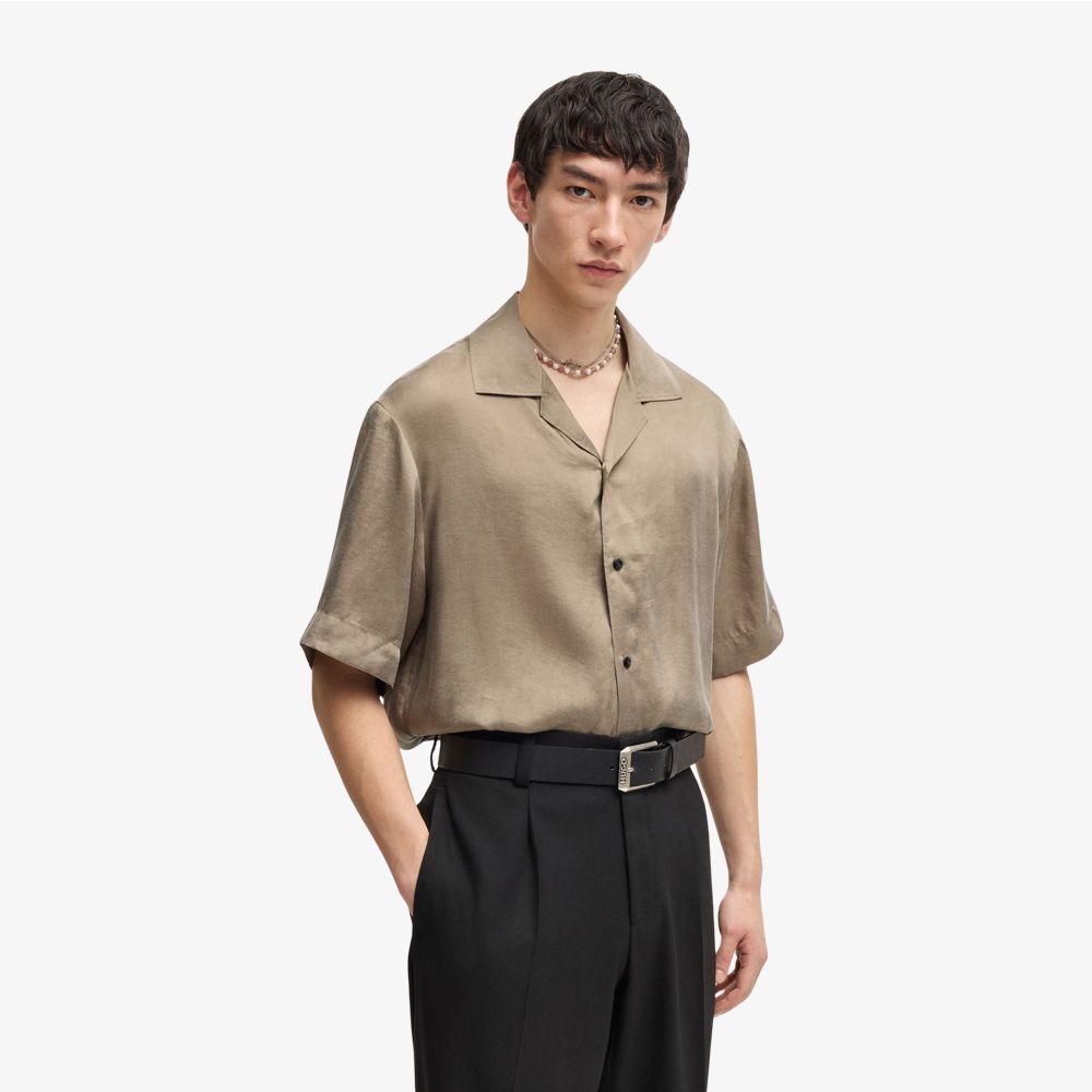 HUGO - Áo sơ mi dáng loose fit vải twill bóng mượt