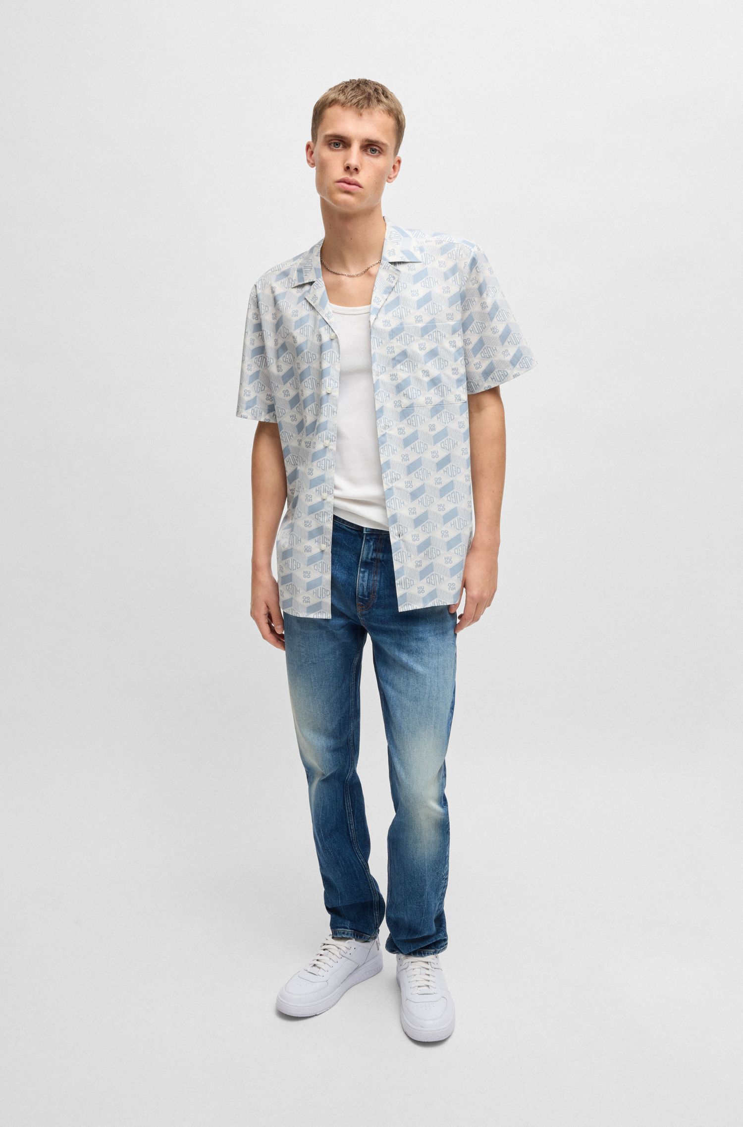 HUGO - Áo sơ mi dáng relaxed vải cotton in logo hình học