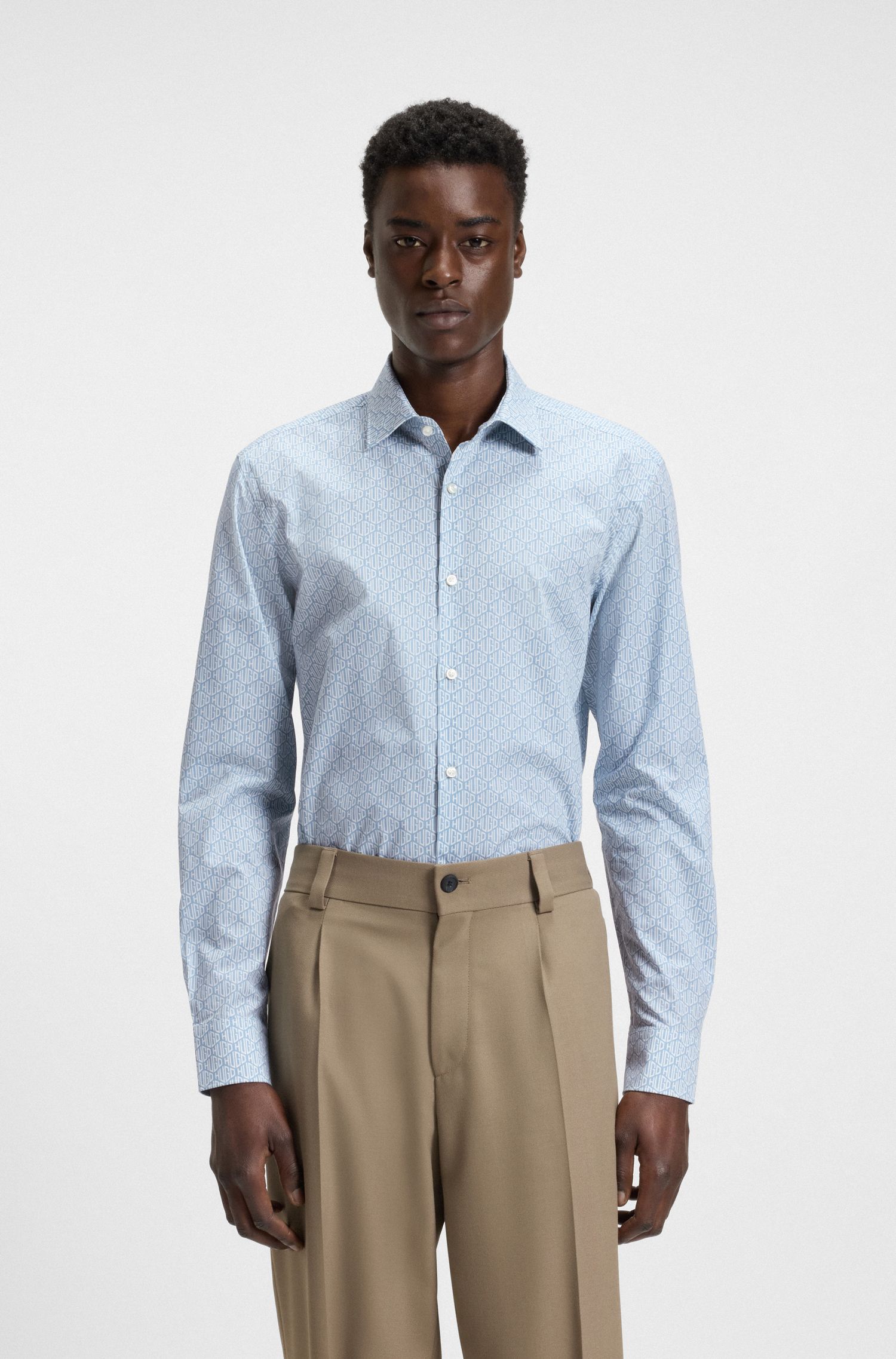 HUGO - Áo sơ mi dáng slim-fit vải cotton poplin in họa tiết