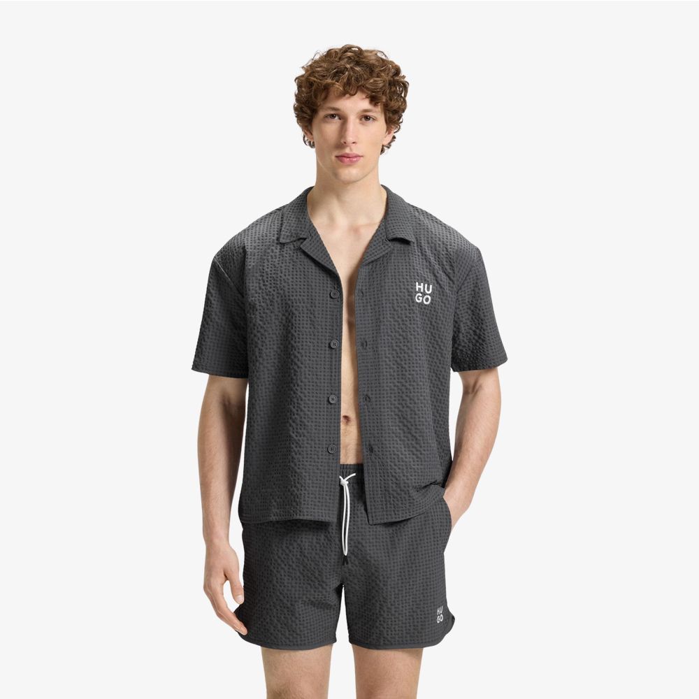 HUGO - Áo sơ mi dáng regular fit vải waffle thêu logo