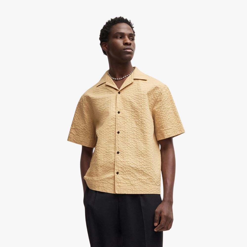 HUGO - Áo sơ mi oversized vải cotton seersucker sọc