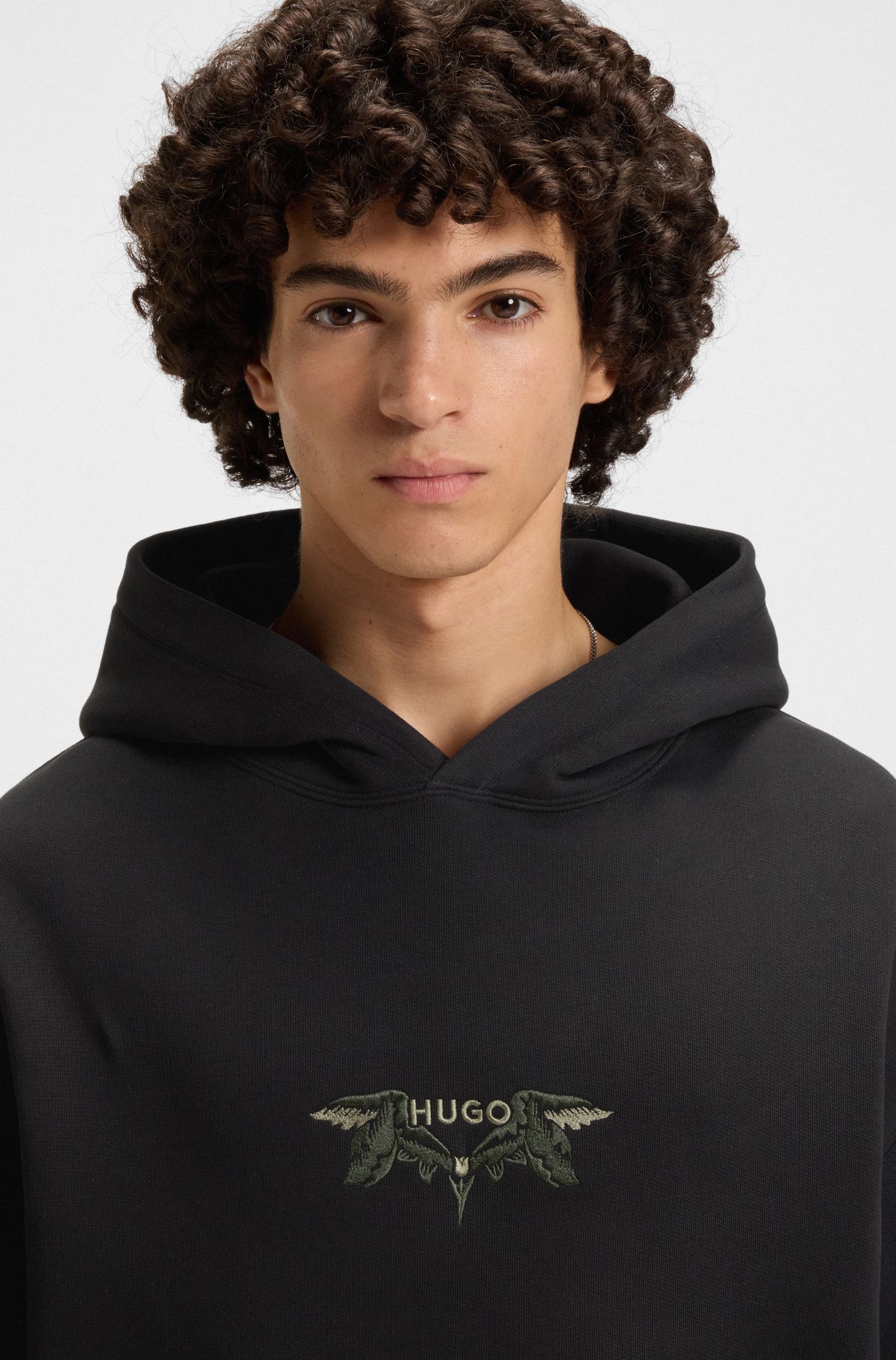 HUGO - Áo hoodie vải cotton-terry thêu họa tiết