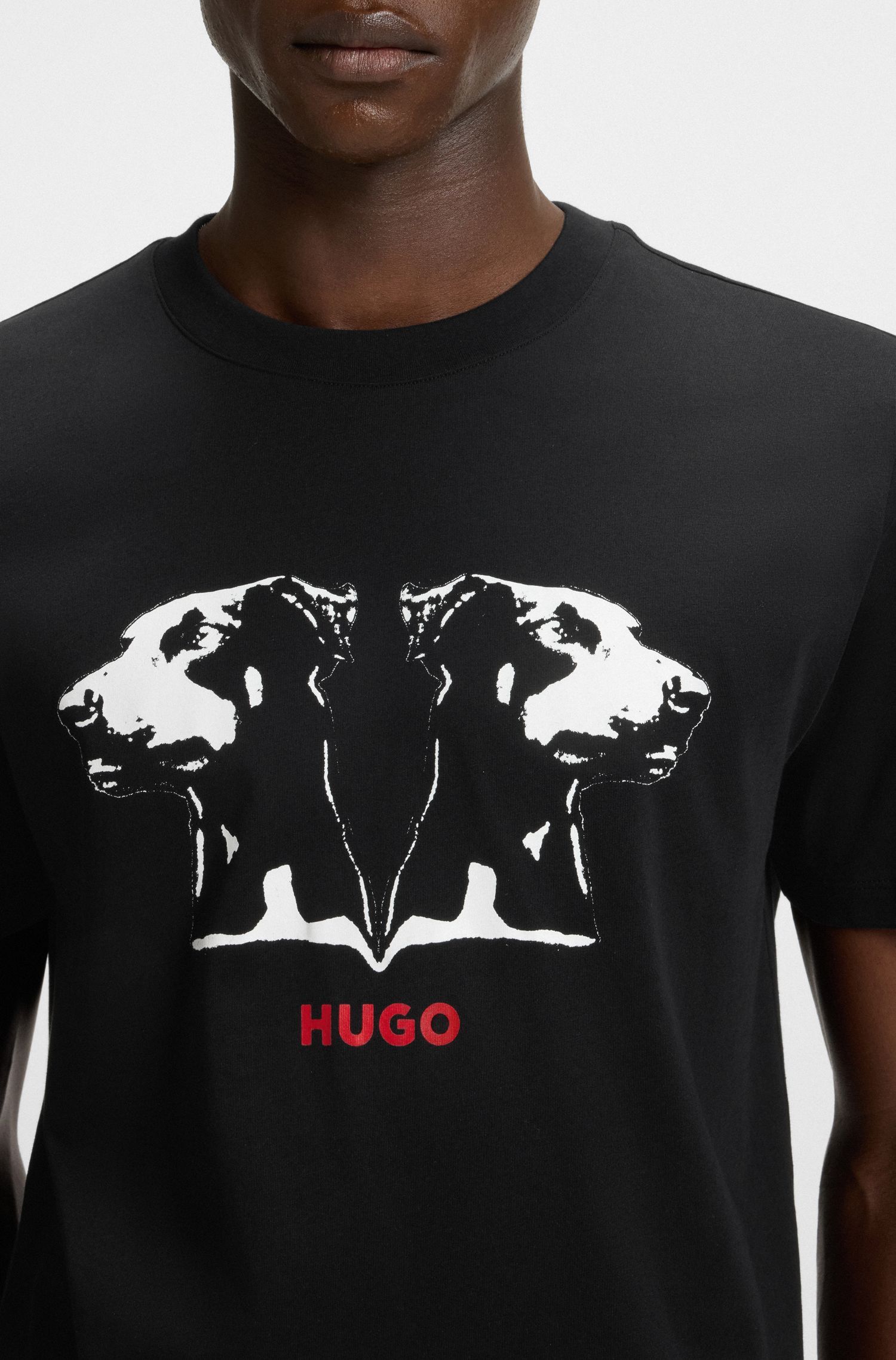 HUGO - Áo thun cotton jersey họa tiết logo phối