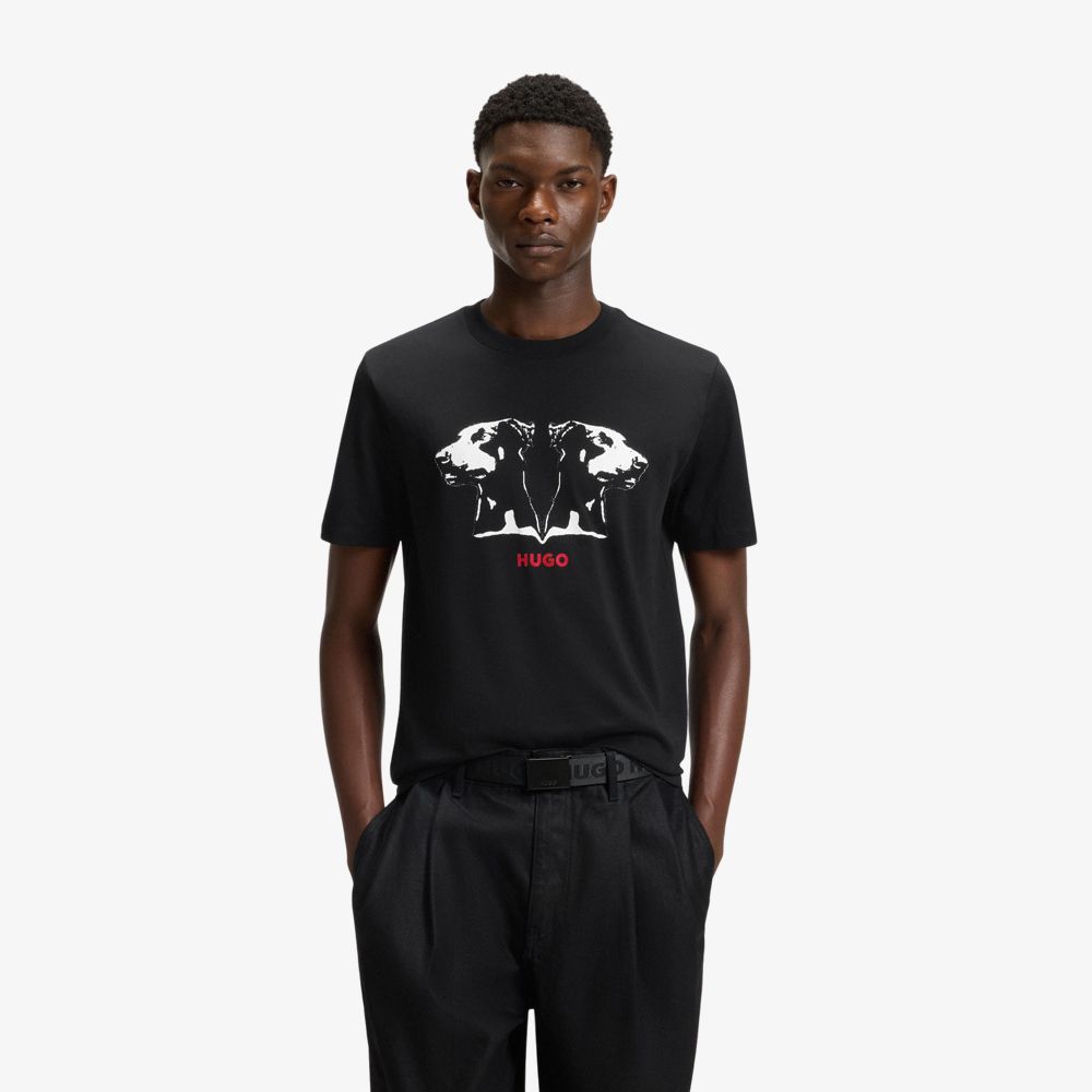HUGO - Áo thun cotton jersey họa tiết logo phối