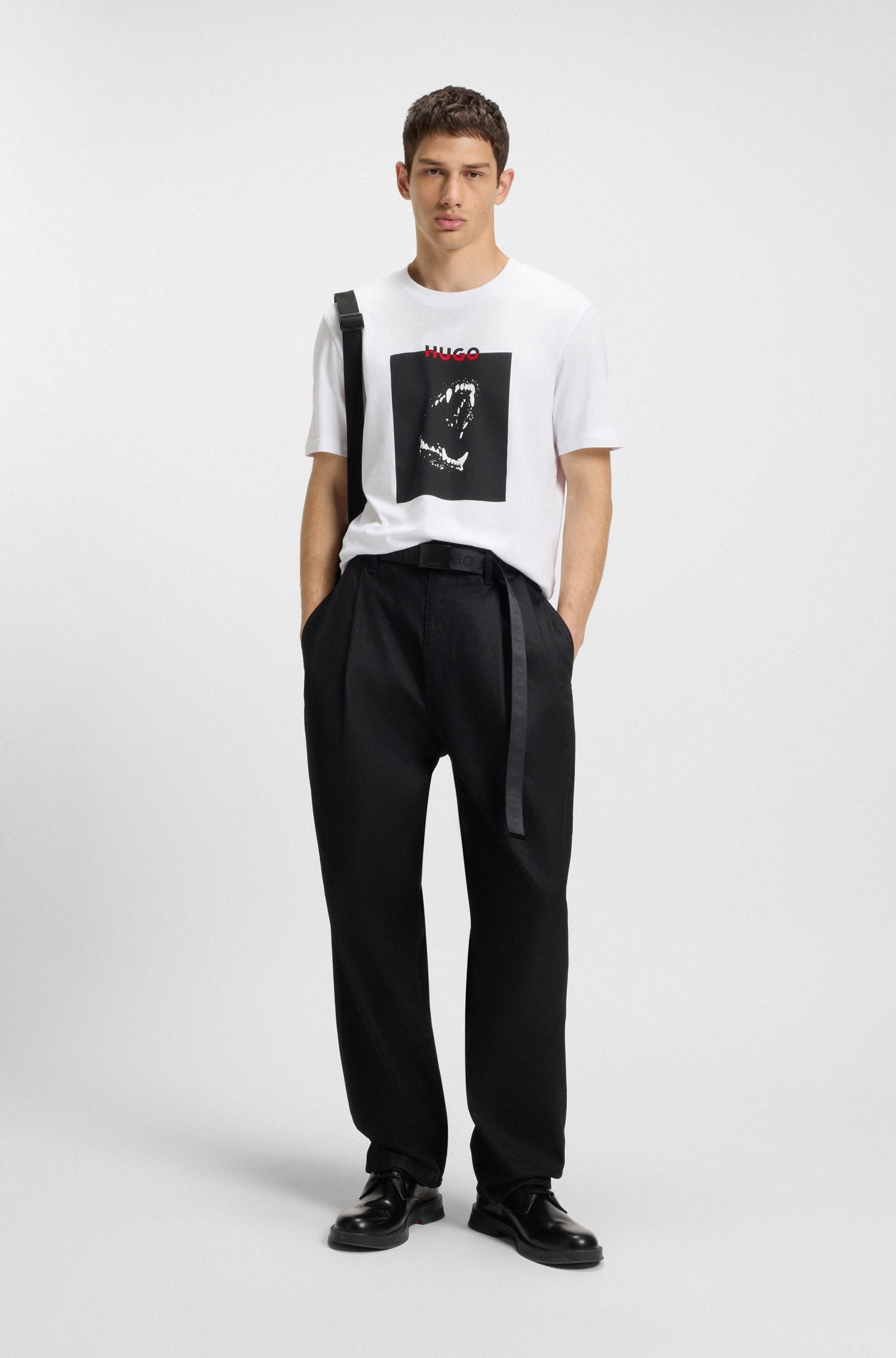 HUGO - Áo thun cotton jersey họa tiết logo phối