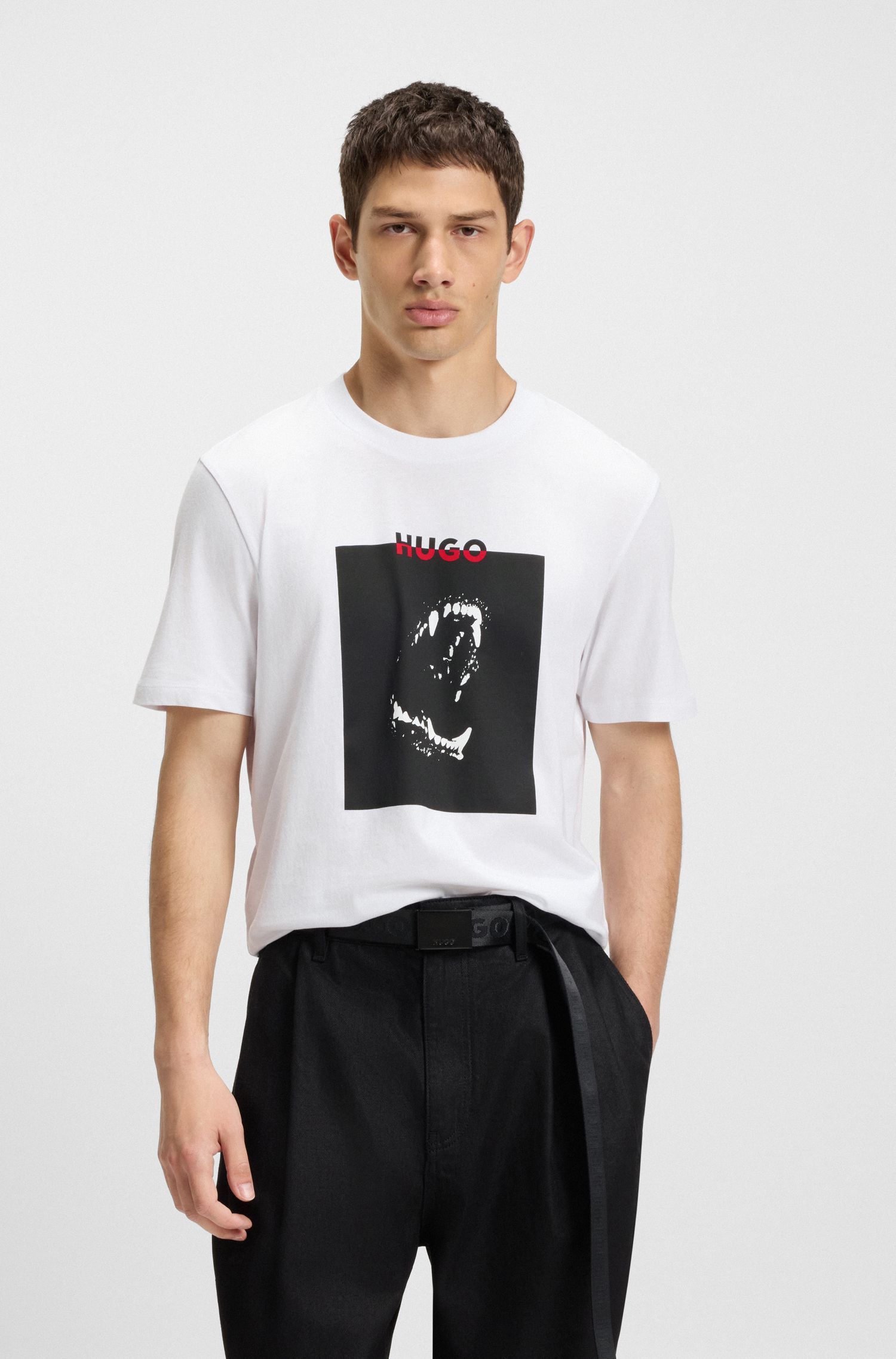 HUGO - Áo thun cotton jersey họa tiết logo phối