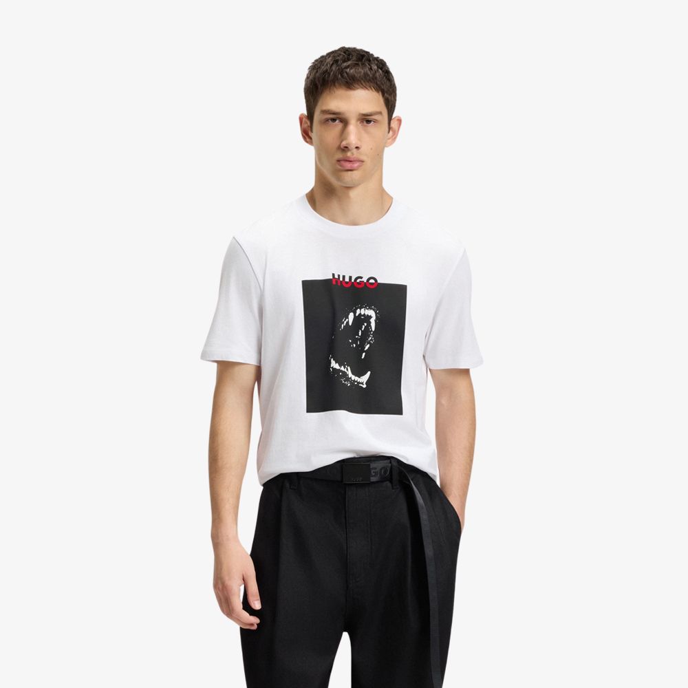 HUGO - Áo thun cotton jersey họa tiết logo phối