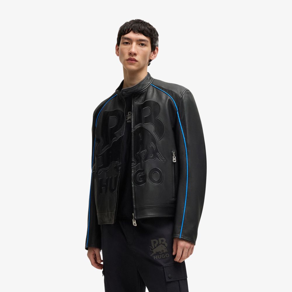 HUGO x RB Áo khoác da dáng ôm với logo lưới phá cách