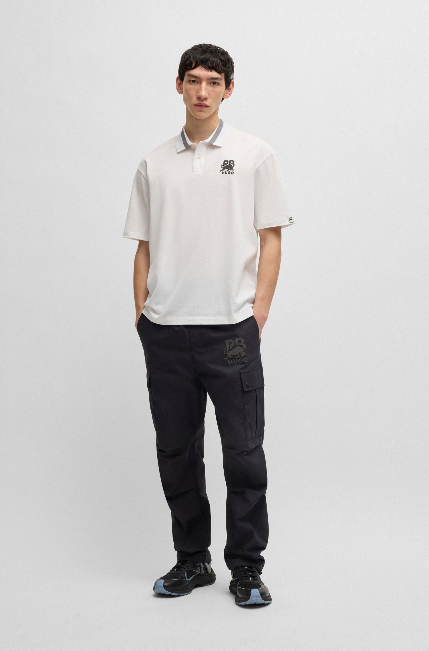 HUGO x RB Áo polo logo carbon in ẩn chất cotton co giãn