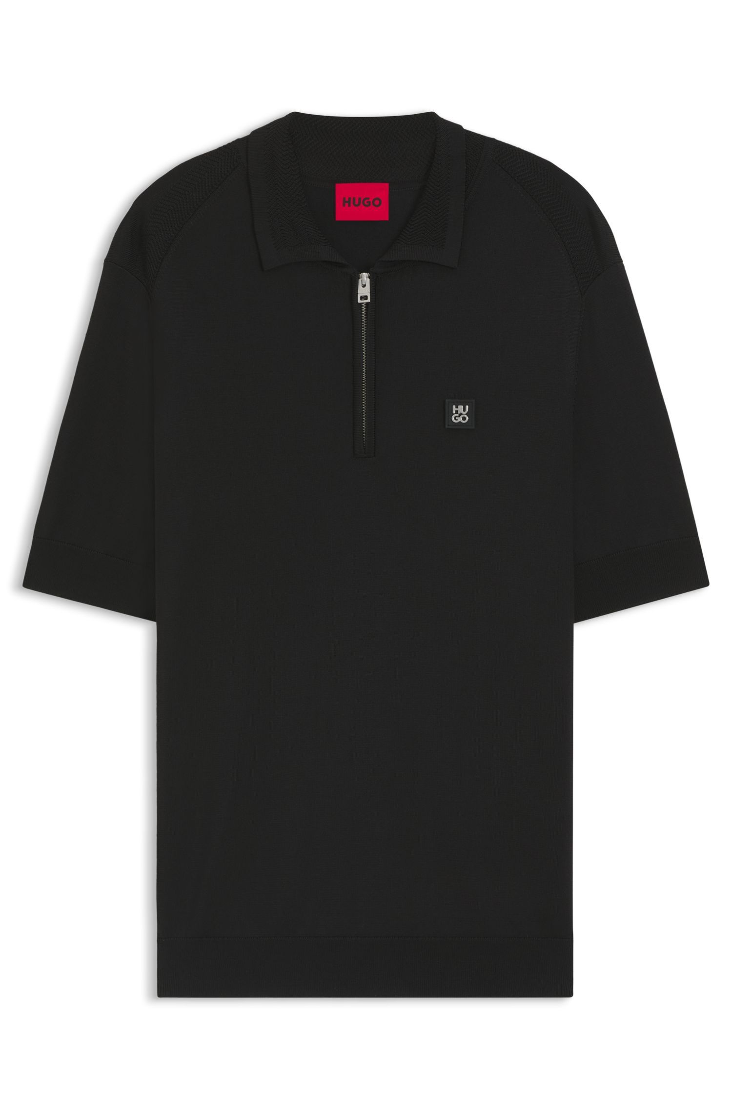 HUGO - Áo polo len cổ kéo khóa với viền logo xếp chồng