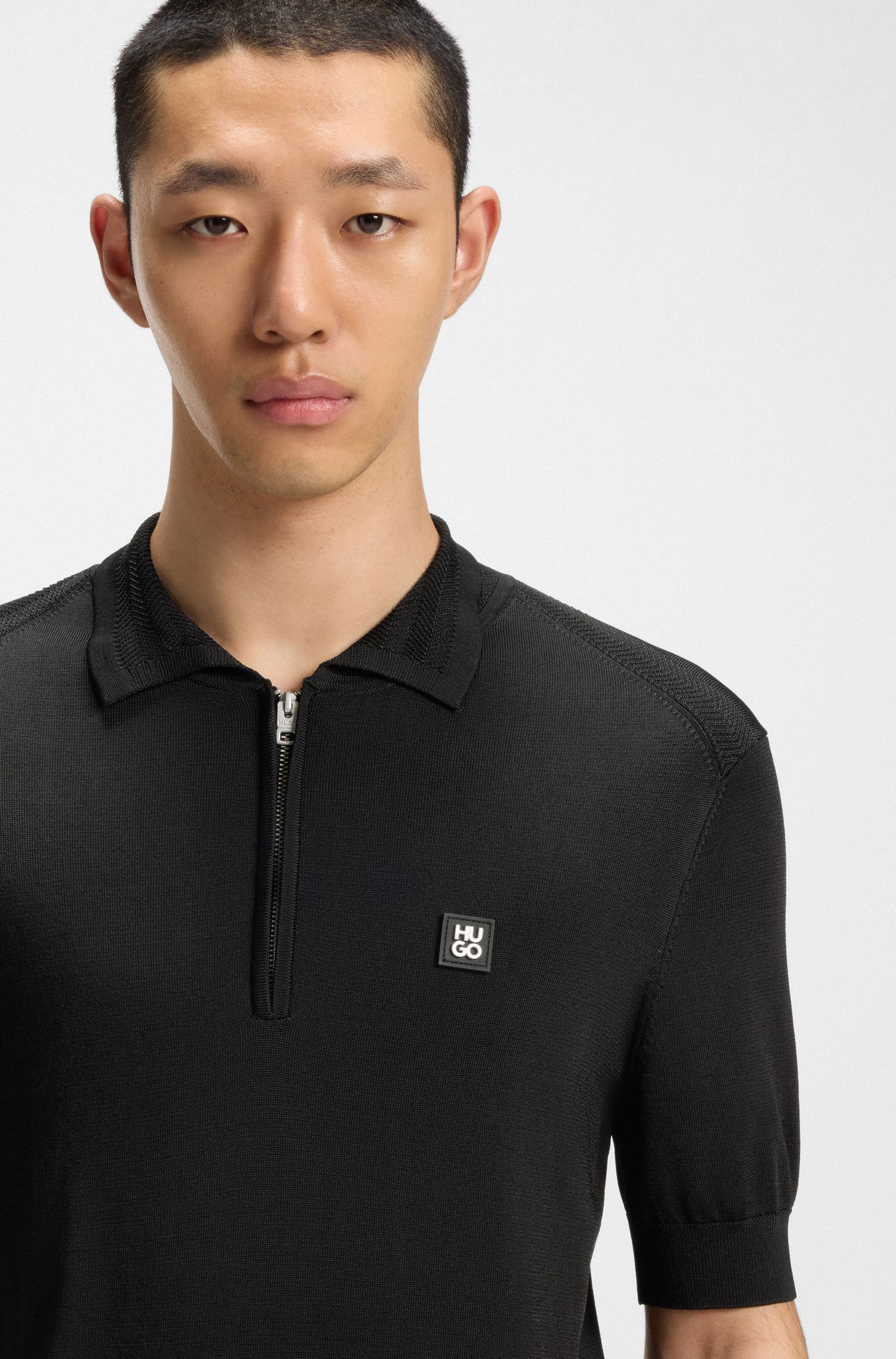 HUGO - Áo polo len cổ kéo khóa với viền logo xếp chồng