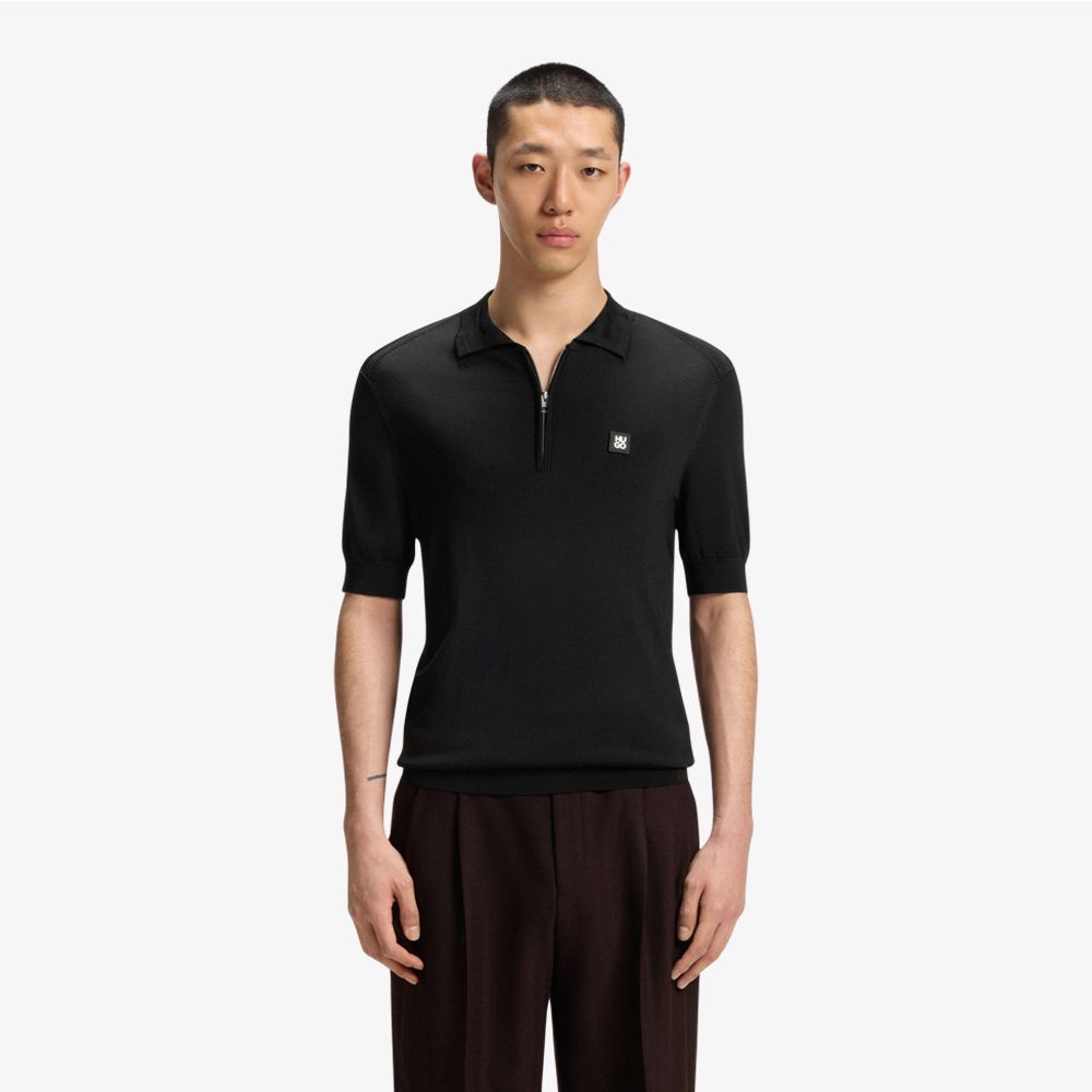 HUGO - Áo polo len cổ kéo khóa với viền logo xếp chồng