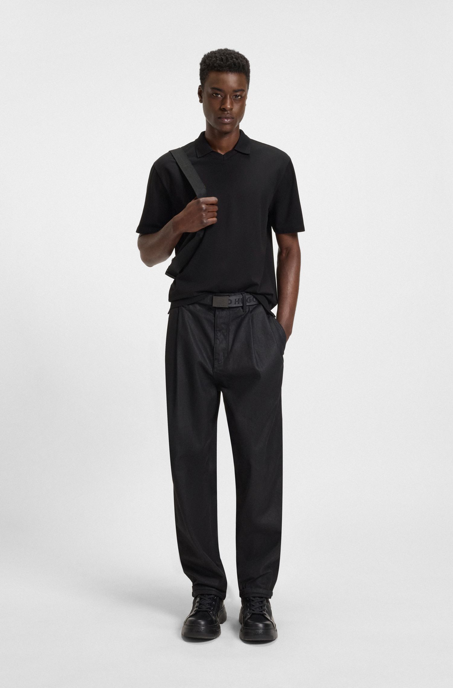 HUGO - Áo polo dáng relaxed fit cotton piqué co giãn mercerized