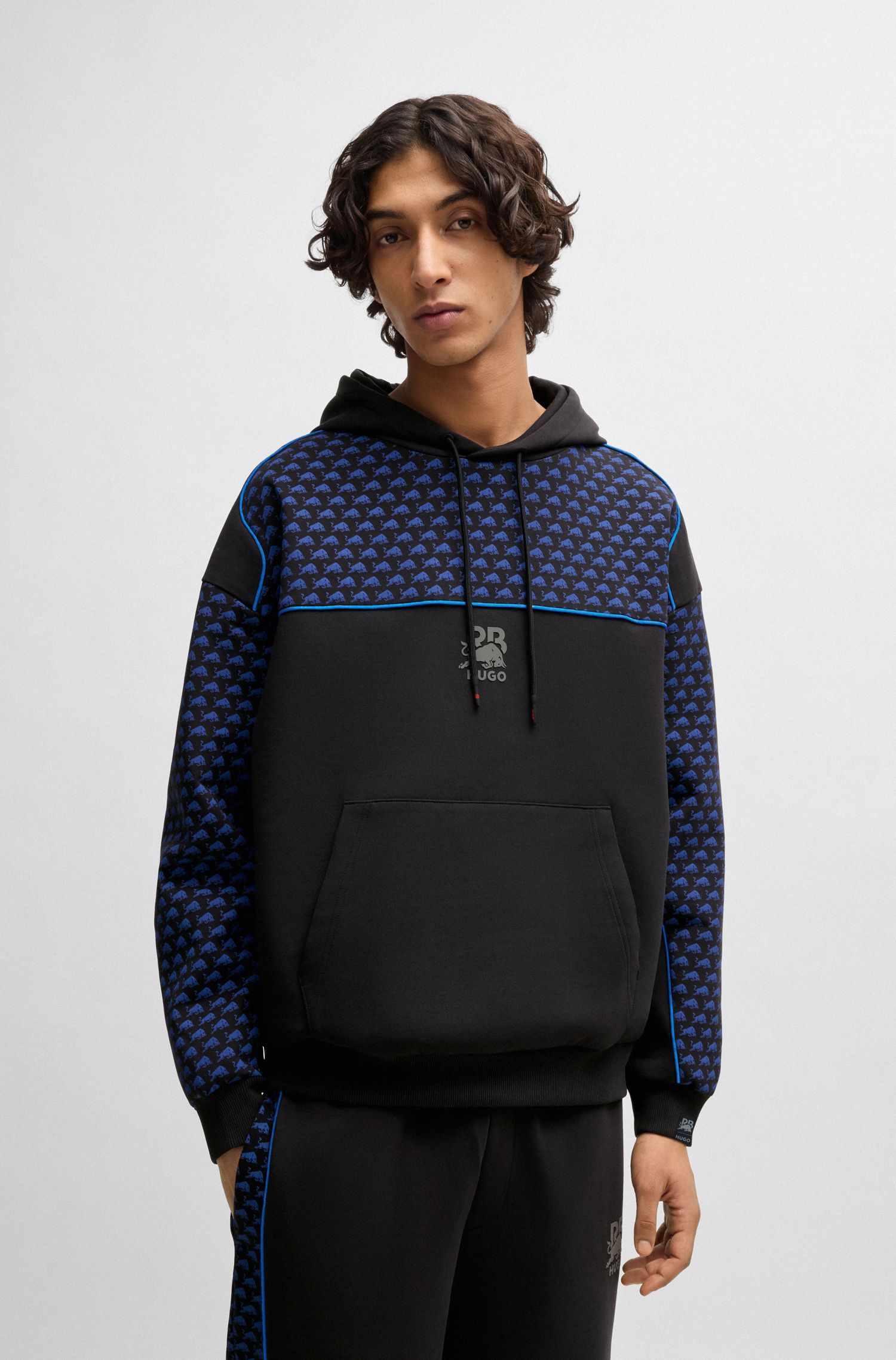 HUGO x RB Áo hoodie pha cotton viền chi tiết