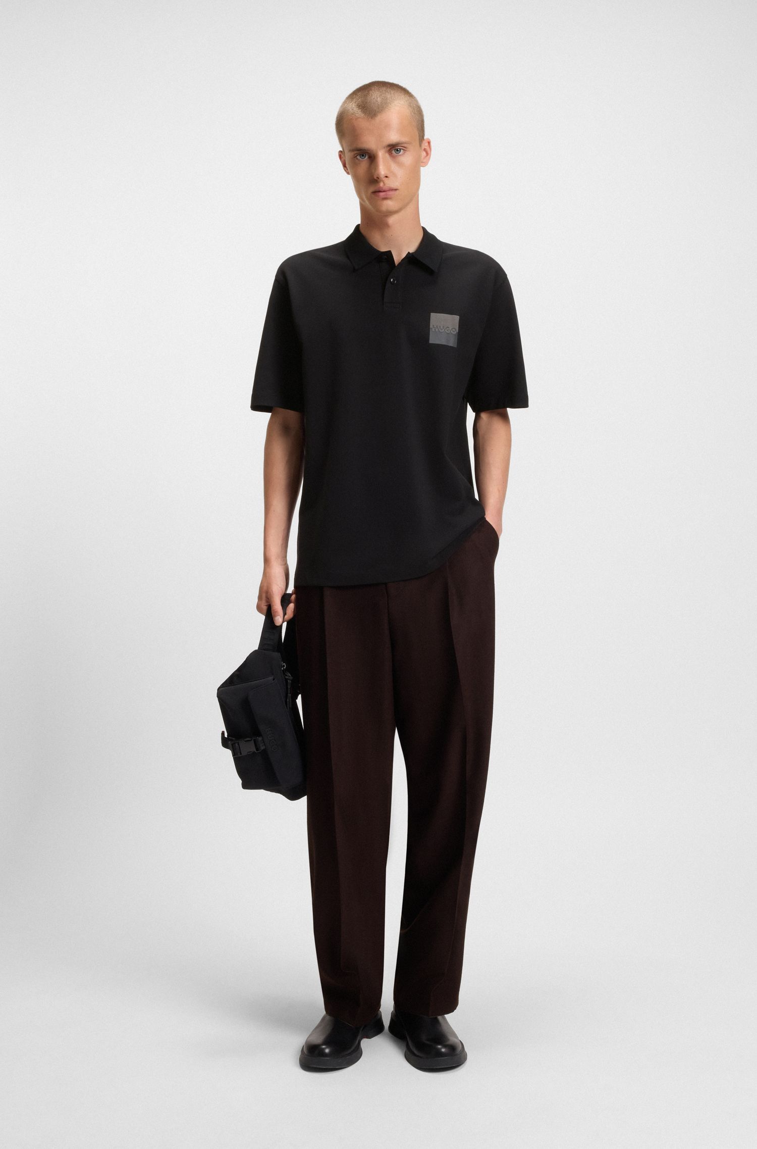 HUGO - Áo polo dáng relaxed fit cotton họa tiết logo tách