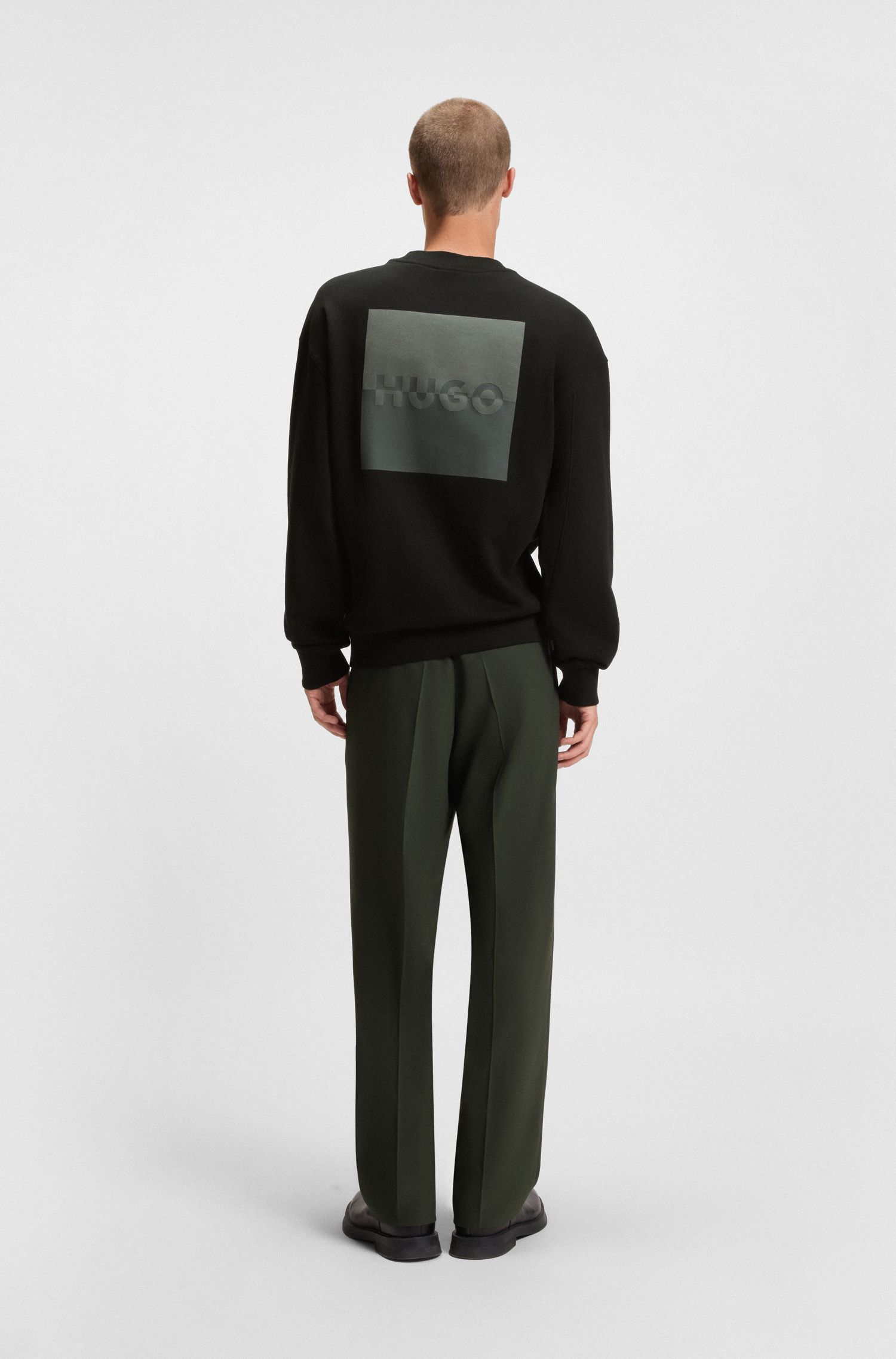 HUGO - Áo nỉ cotton dáng relaxed fit họa tiết logo tách