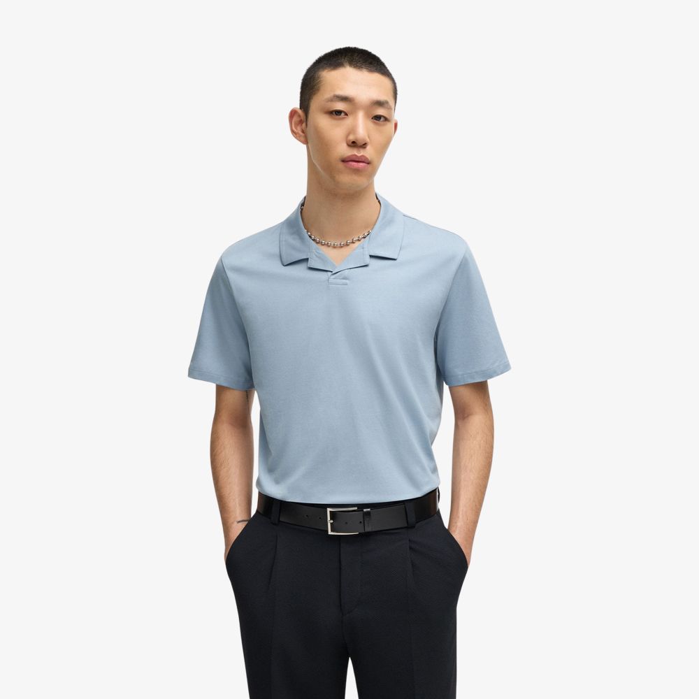 HUGO - Áo polo dáng slim fit vải cotton mercerized với cổ Johnny
