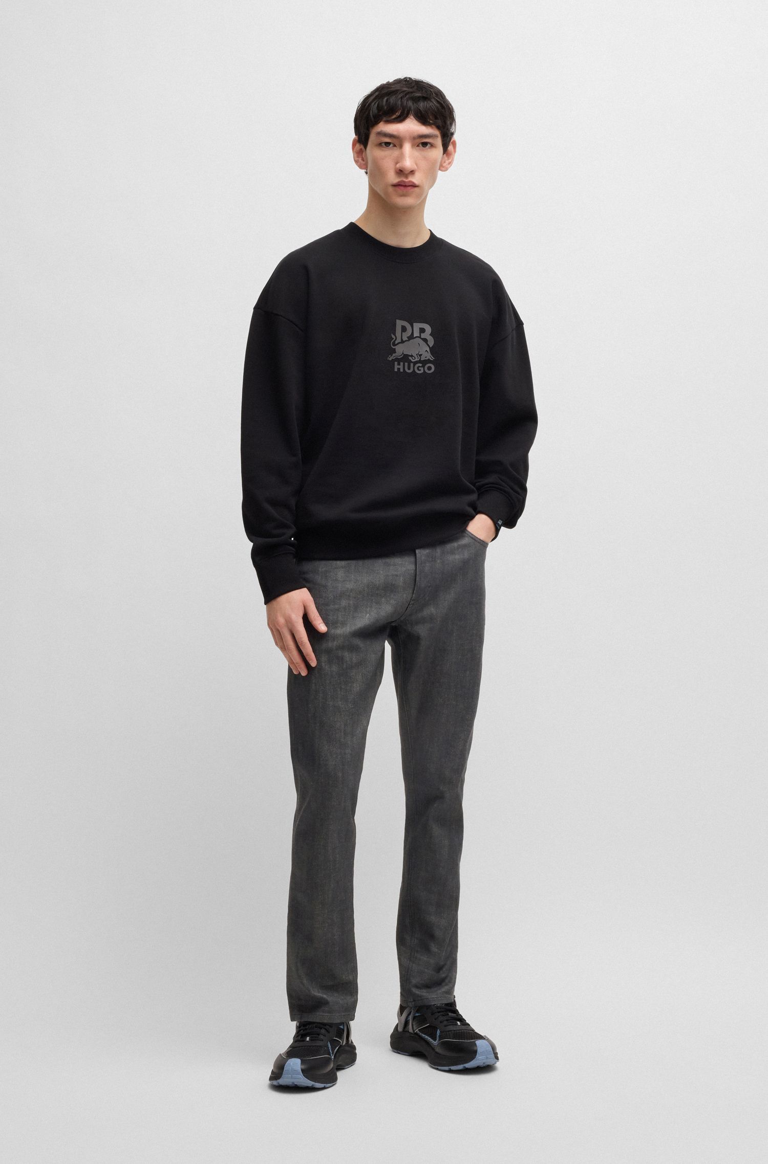 HUGO x RB quần jeans denim co giãn màu xám