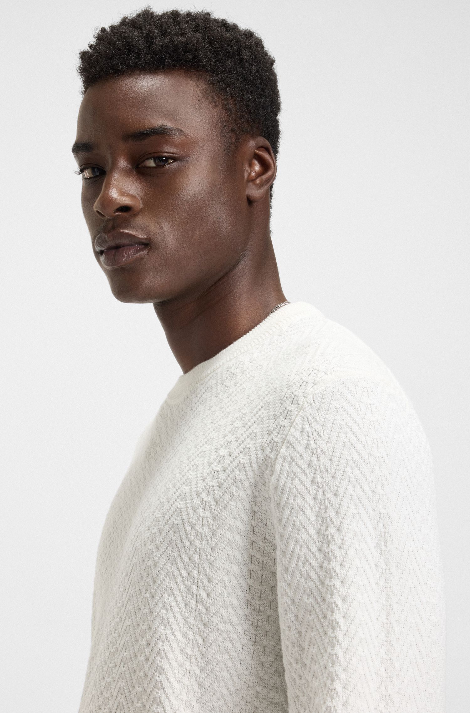 HUGO - Áo len nam vải cotton họa tiết herringbone
