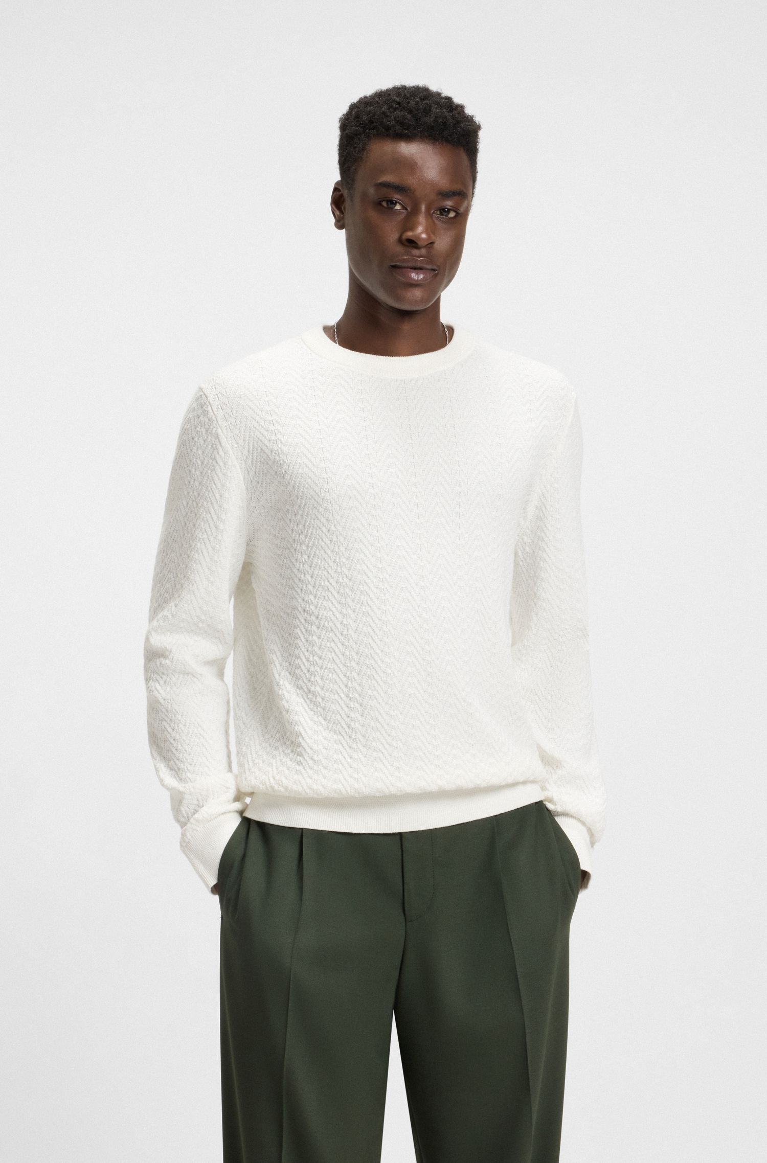 HUGO - Áo len nam vải cotton họa tiết herringbone