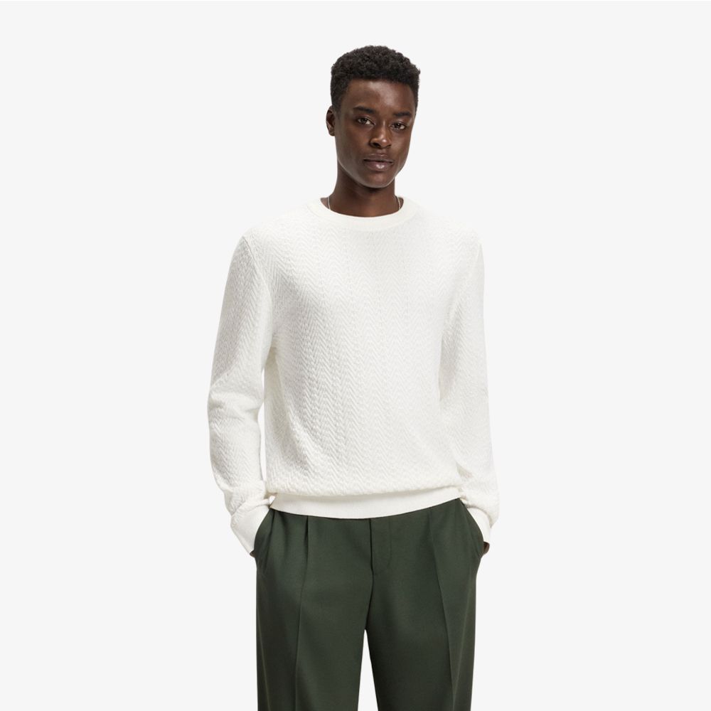 HUGO - Áo len nam vải cotton họa tiết herringbone