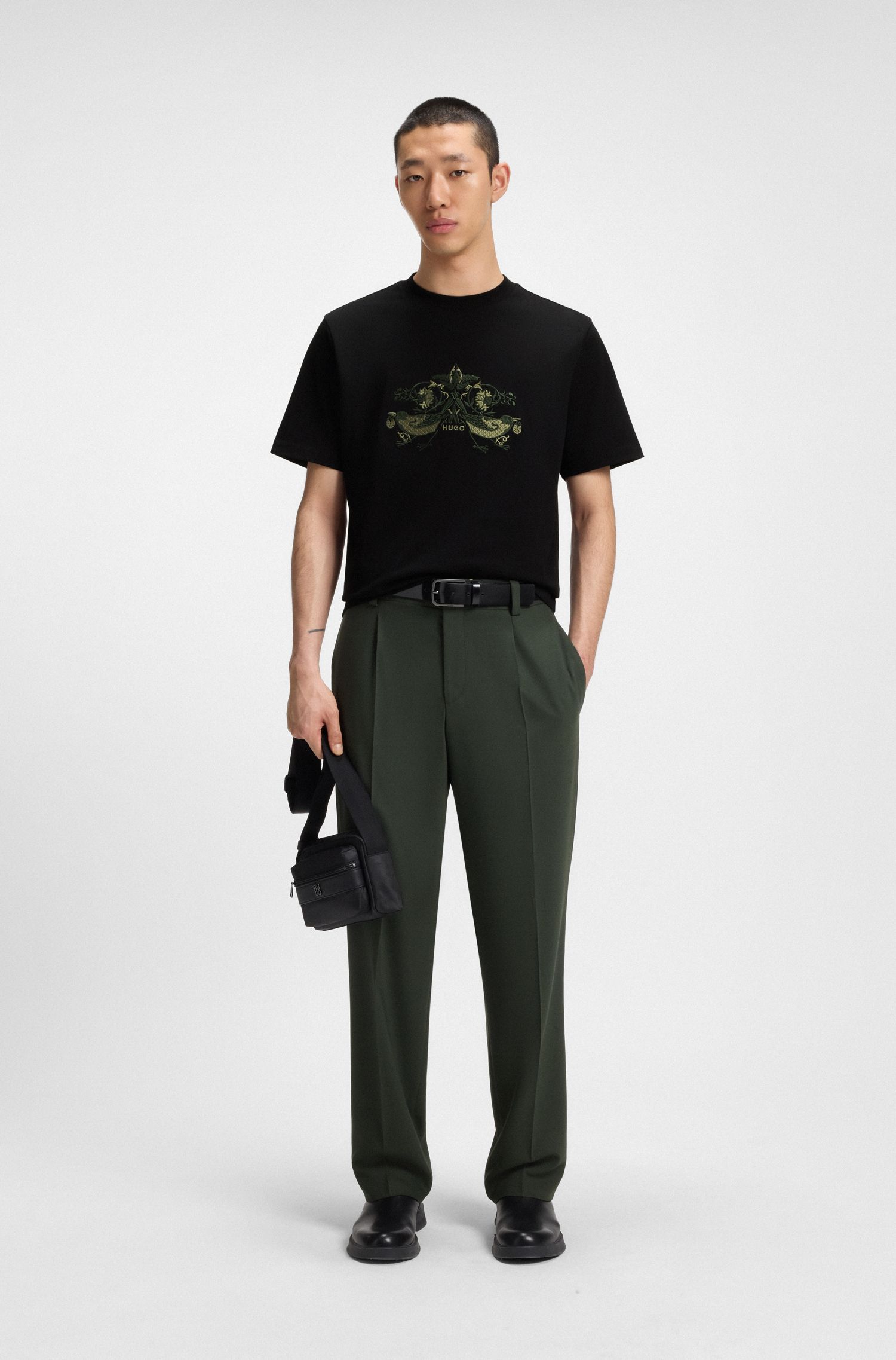 HUGO - Áo thun cotton jersey thêu họa tiết
