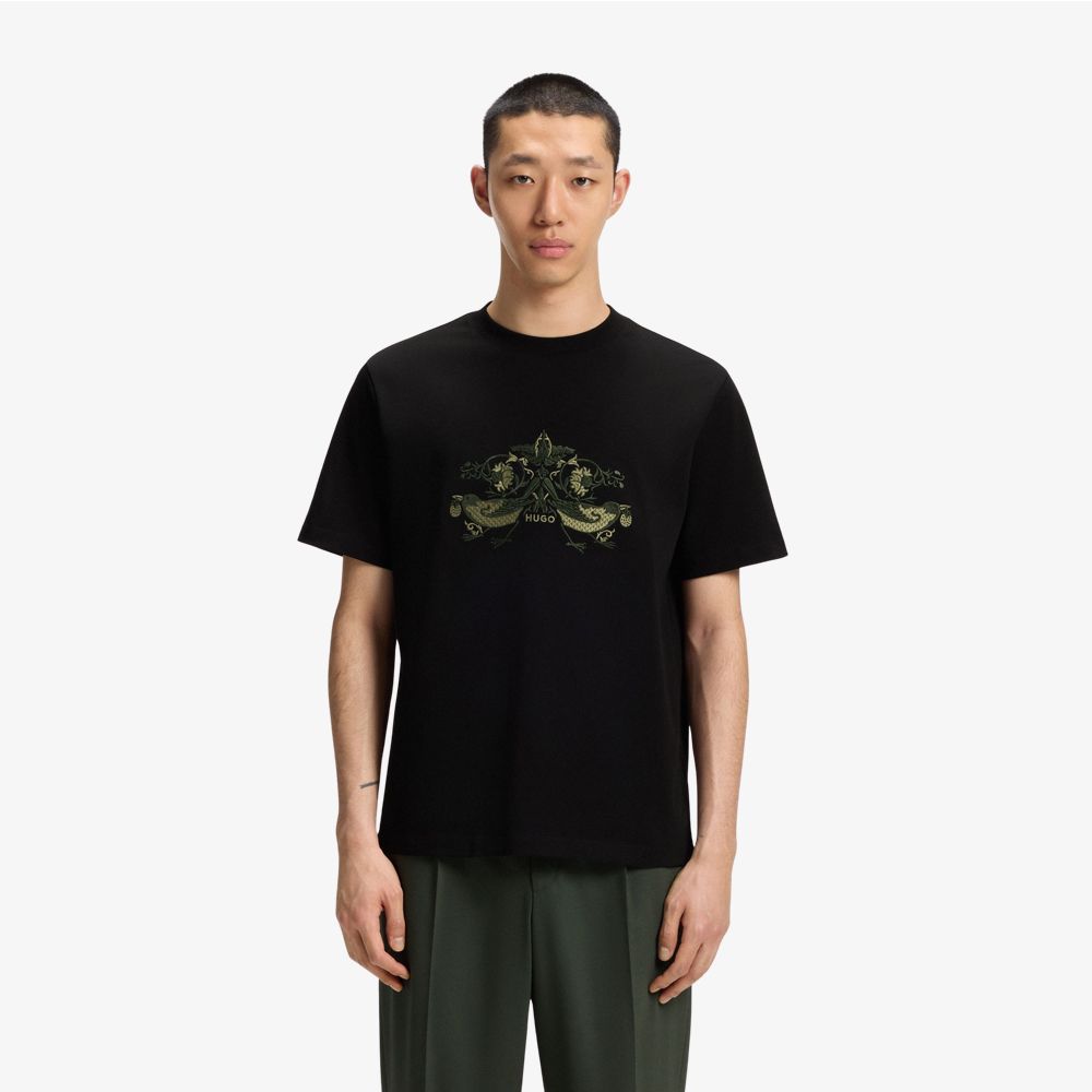 HUGO - Áo thun cotton jersey thêu họa tiết