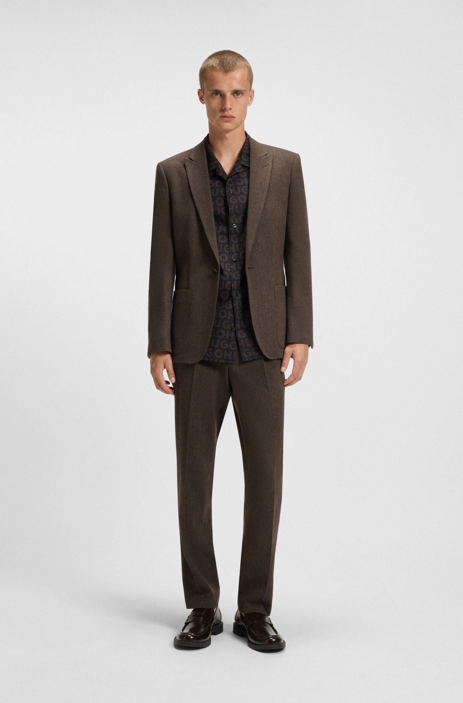 HUGO - Áo blazer dáng extra-slim-fit vải họa tiết herringbone