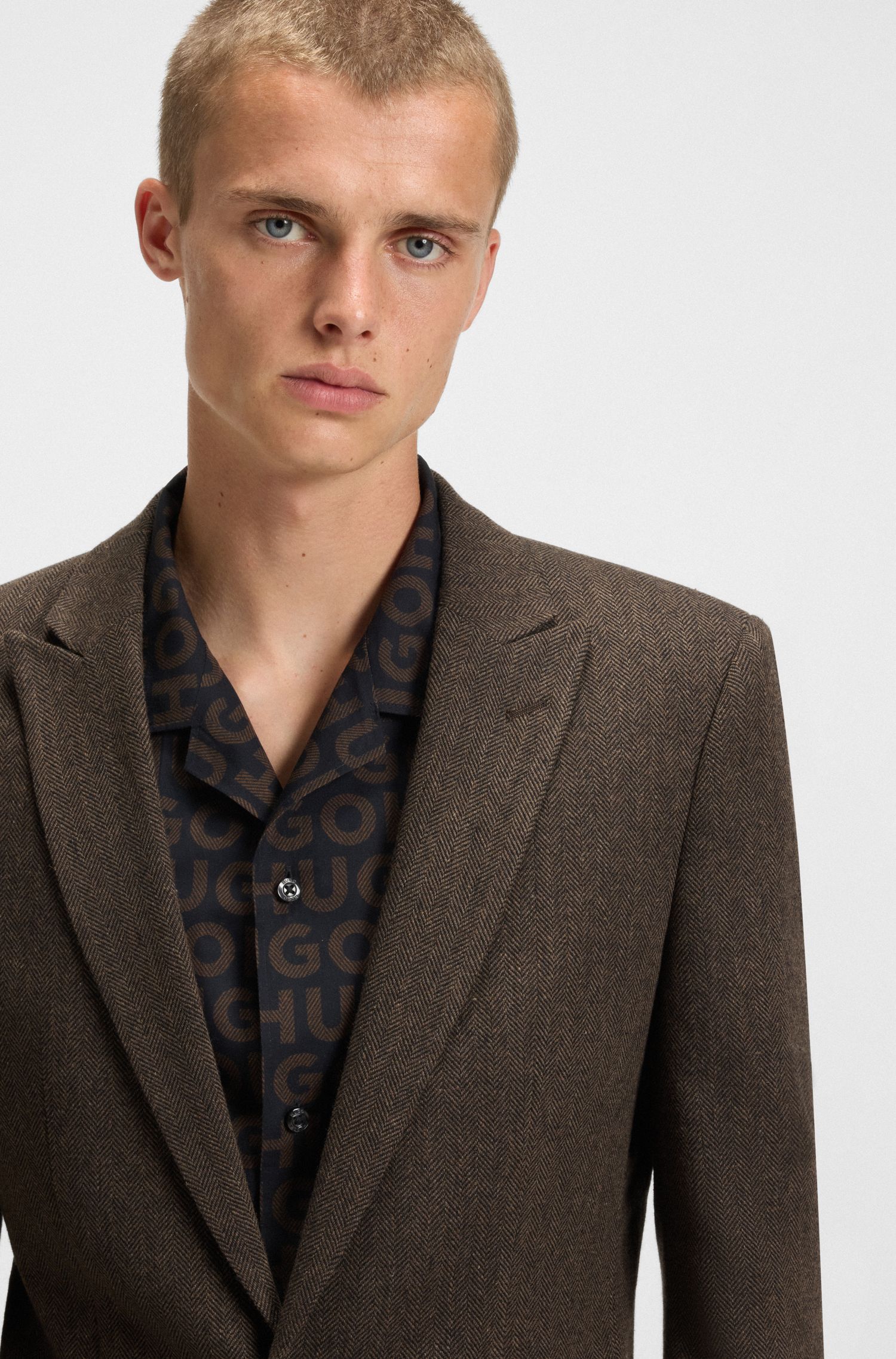 HUGO - Áo blazer dáng extra-slim-fit vải họa tiết herringbone