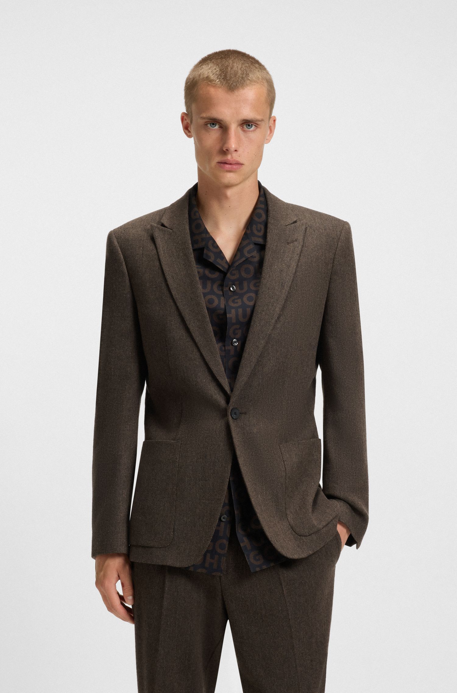 Áo blazer dáng extra-slim-fit vải họa tiết herringbone