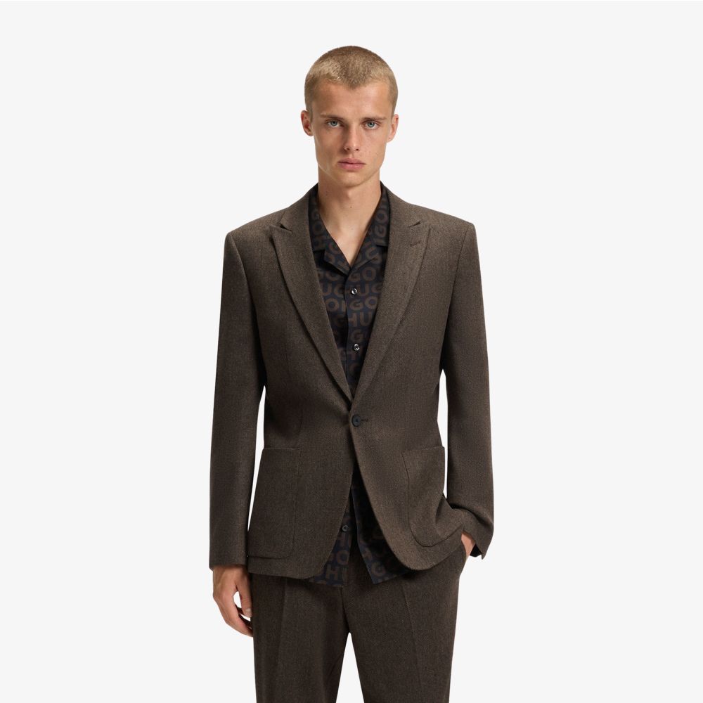 HUGO - Áo blazer dáng extra-slim-fit vải họa tiết herringbone