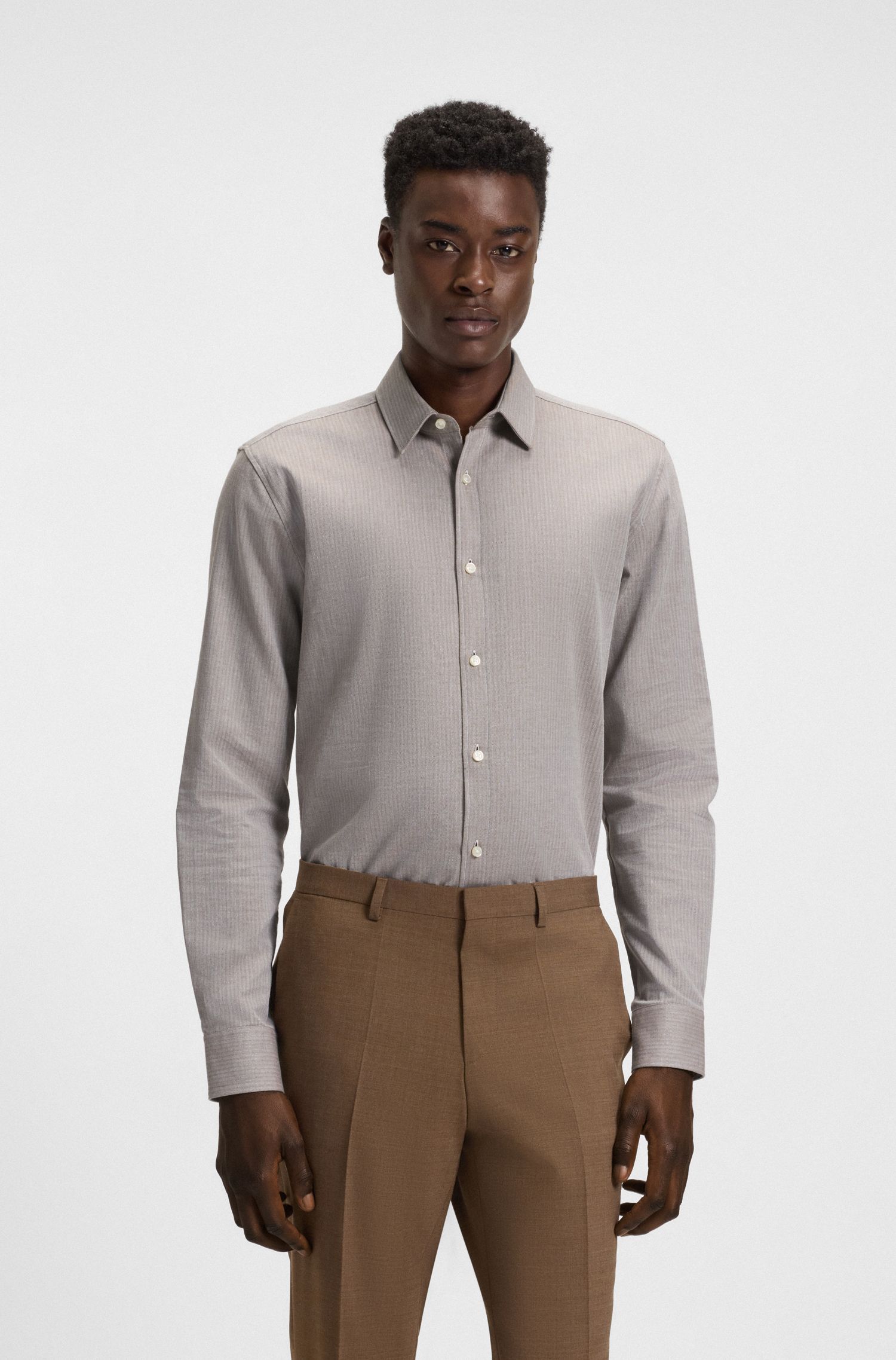 Áo sơ mi nam dáng extra-slim fit vải cotton herringbone