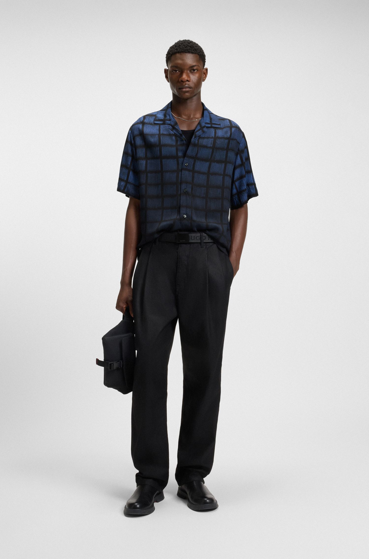 HUGO - Áo sơ mi dáng oversized poplin họa tiết vuông