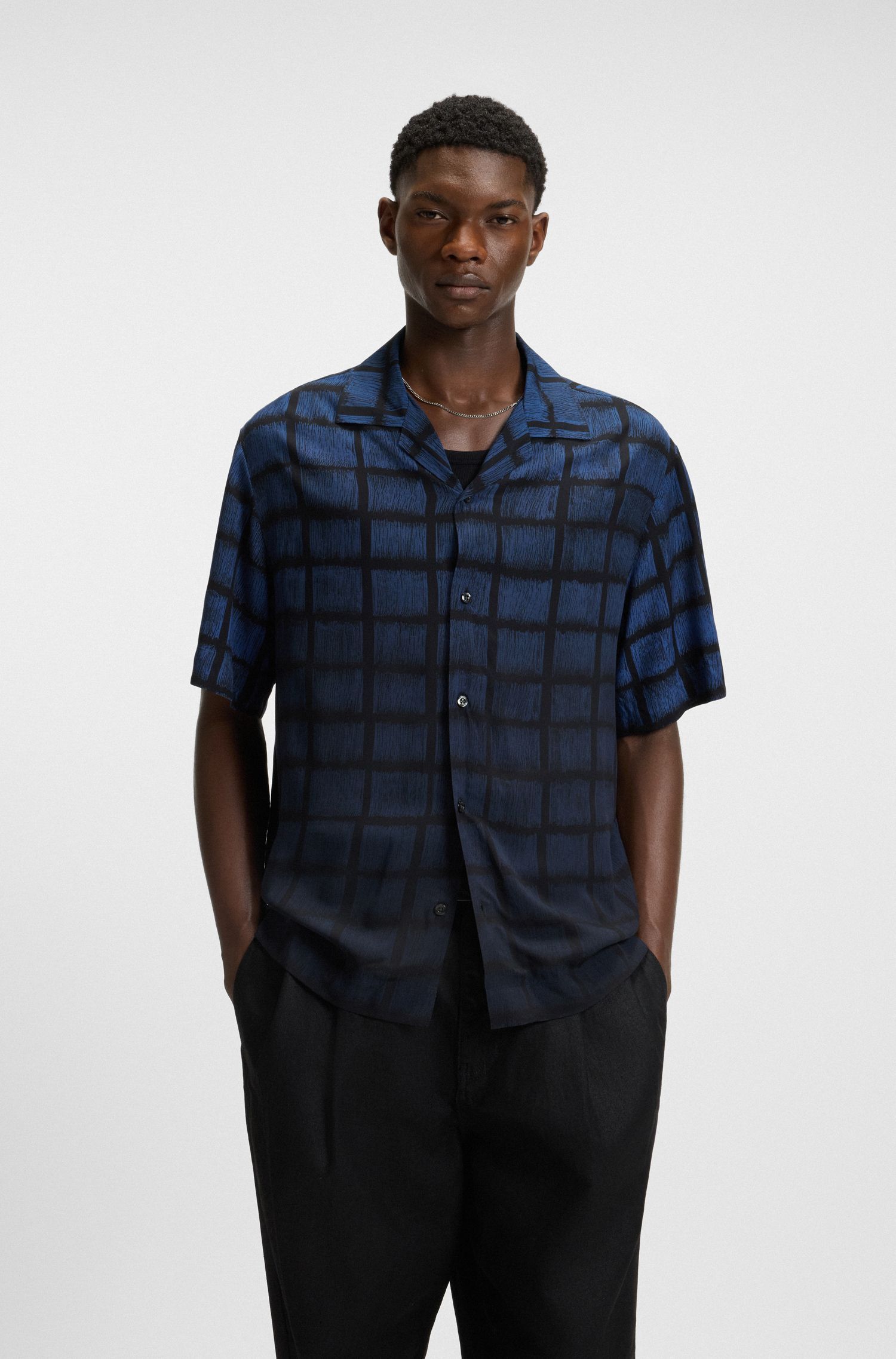HUGO - Áo sơ mi dáng oversized poplin họa tiết vuông