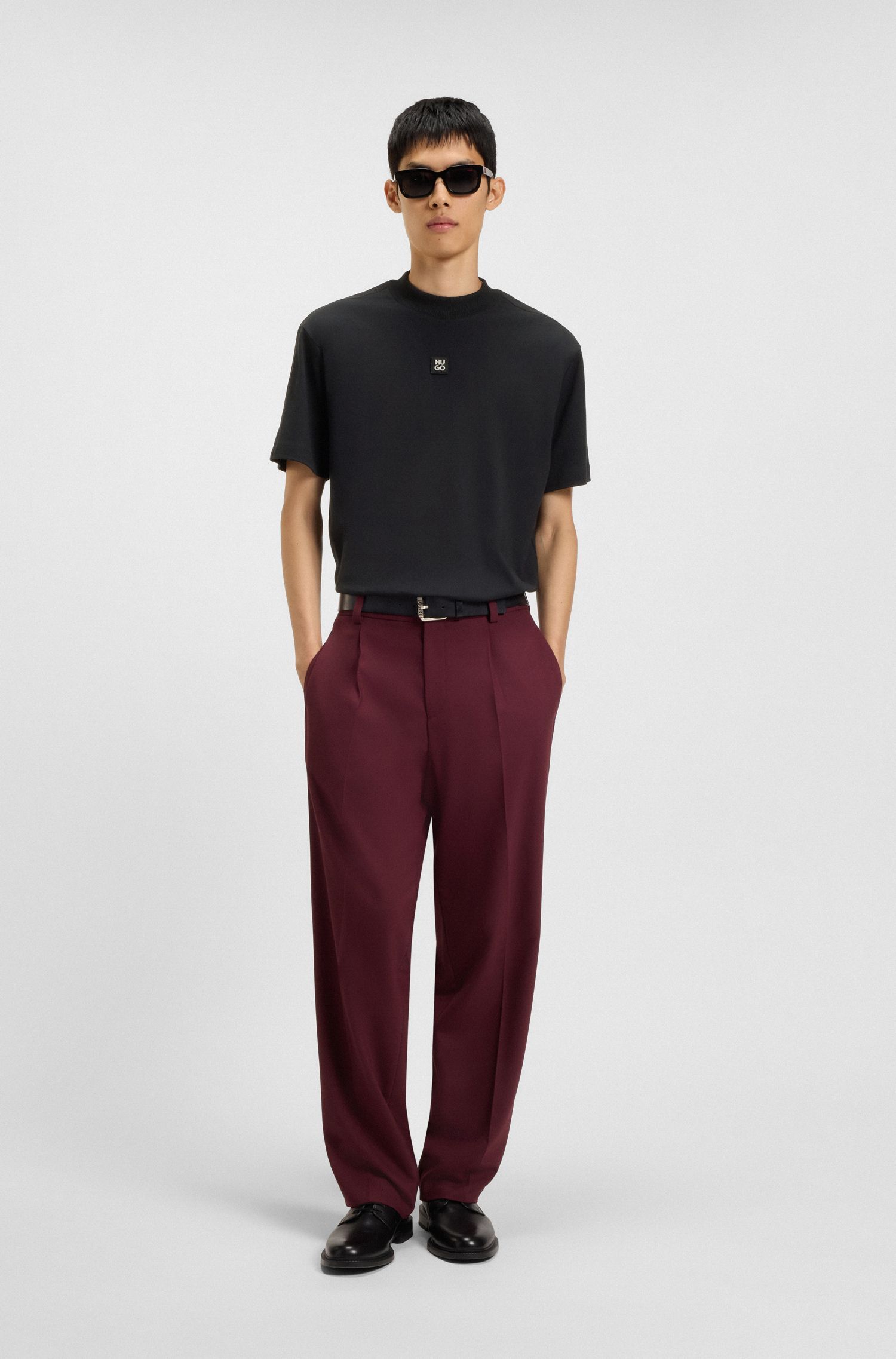 HUGO - Áo thun cotton interlock phối đường viền hình học