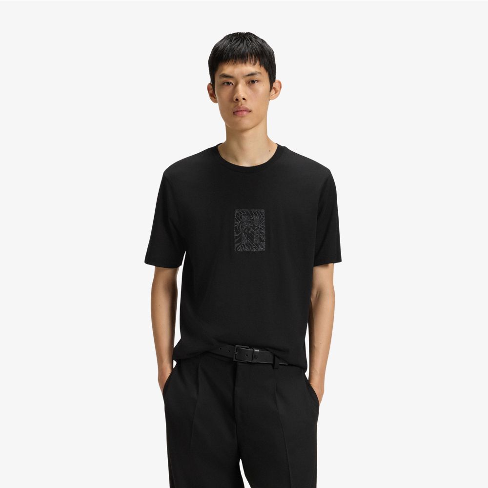 HUGO - Áo thun cotton-jersey kèm họa tiết thêu